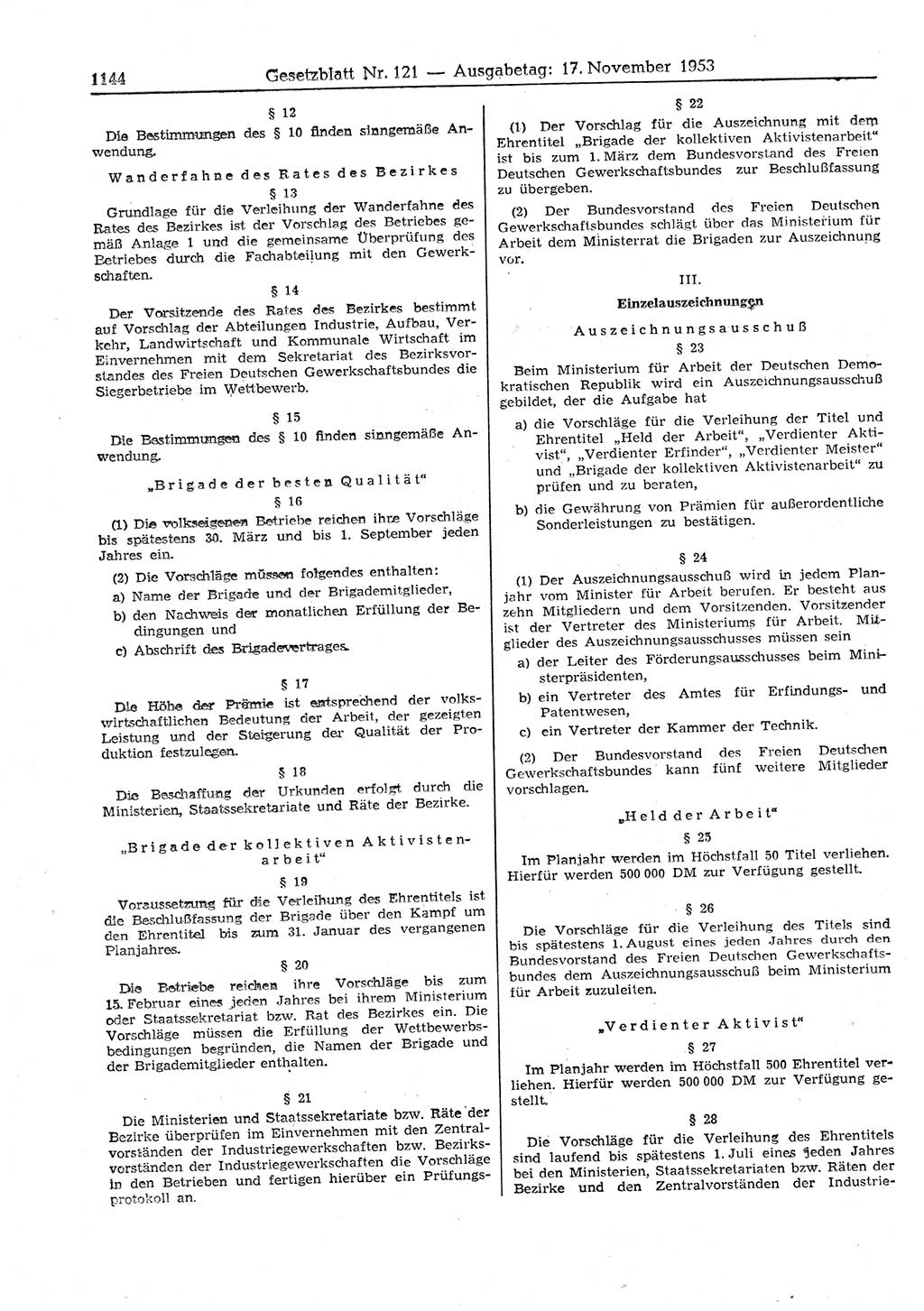 Gesetzblatt (GBl.) der Deutschen Demokratischen Republik (DDR) 1953, Seite 1144 (GBl. DDR 1953, S. 1144)