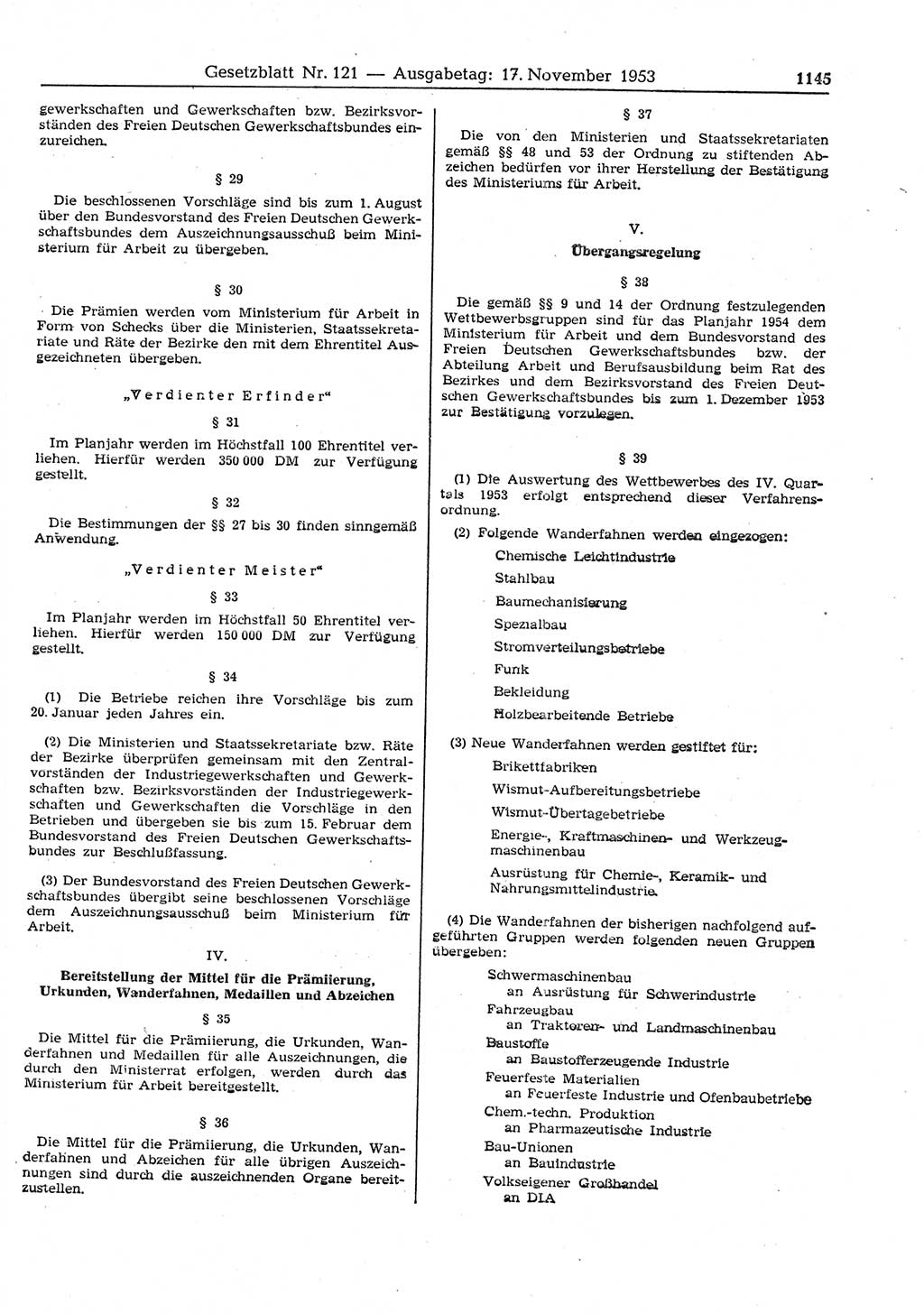 Gesetzblatt (GBl.) der Deutschen Demokratischen Republik (DDR) 1953, Seite 1145 (GBl. DDR 1953, S. 1145)