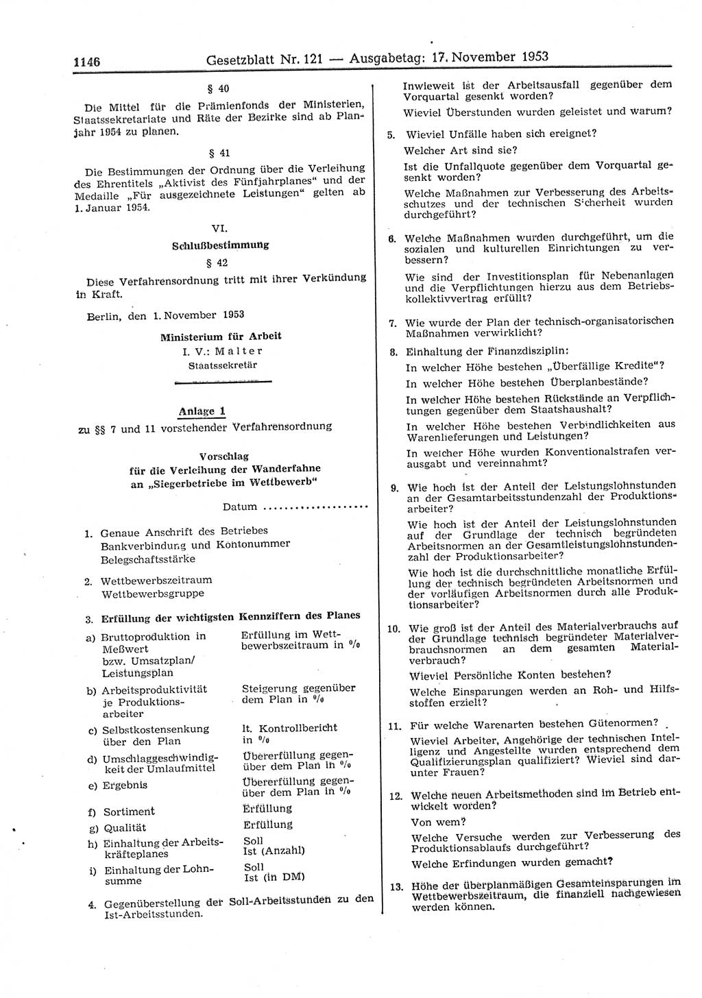 Gesetzblatt (GBl.) der Deutschen Demokratischen Republik (DDR) 1953, Seite 1146 (GBl. DDR 1953, S. 1146)