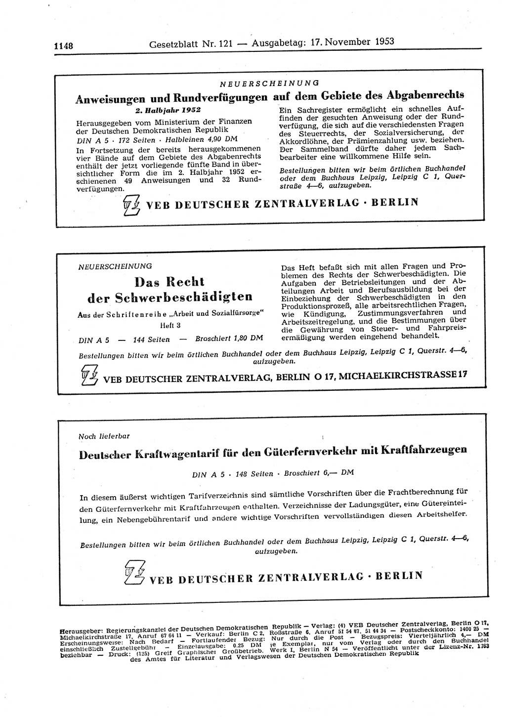 Gesetzblatt (GBl.) der Deutschen Demokratischen Republik (DDR) 1953, Seite 1148 (GBl. DDR 1953, S. 1148)