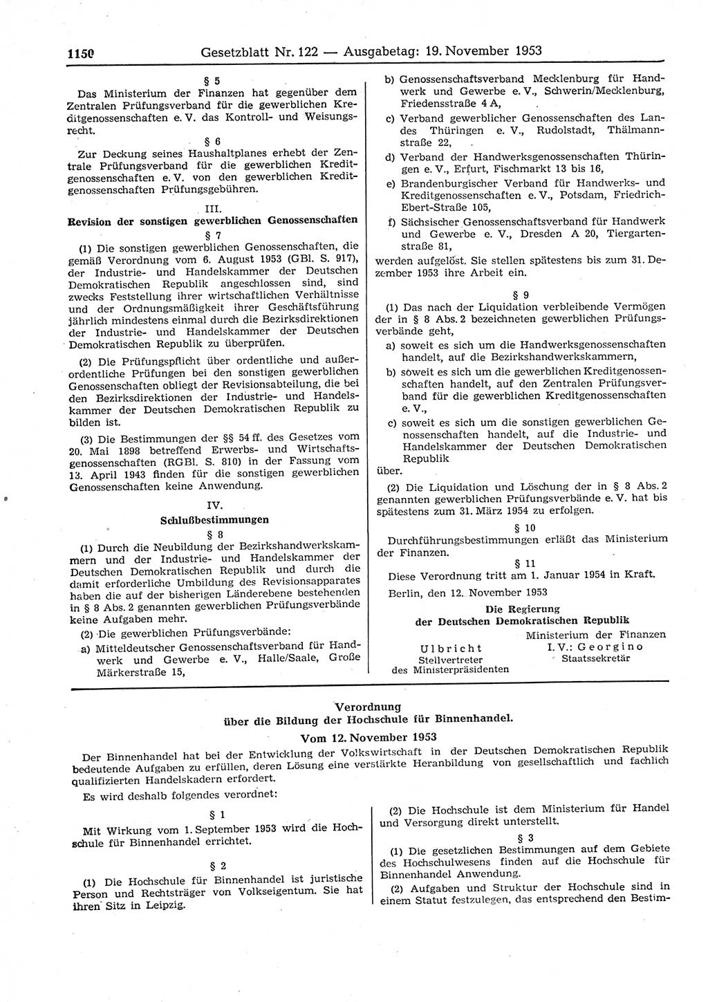Gesetzblatt (GBl.) der Deutschen Demokratischen Republik (DDR) 1953, Seite 1150 (GBl. DDR 1953, S. 1150)