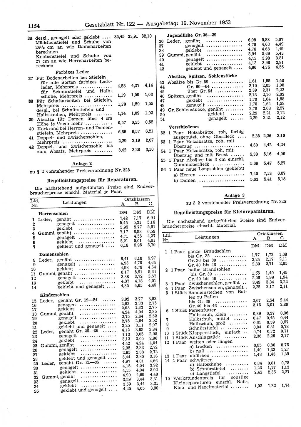 Gesetzblatt (GBl.) der Deutschen Demokratischen Republik (DDR) 1953, Seite 1154 (GBl. DDR 1953, S. 1154)