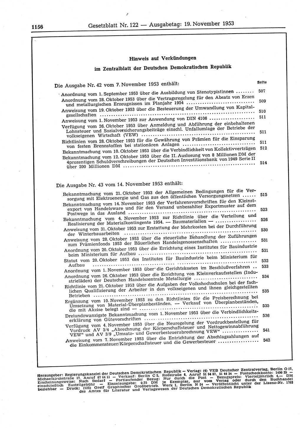 Gesetzblatt (GBl.) der Deutschen Demokratischen Republik (DDR) 1953, Seite 1156 (GBl. DDR 1953, S. 1156)