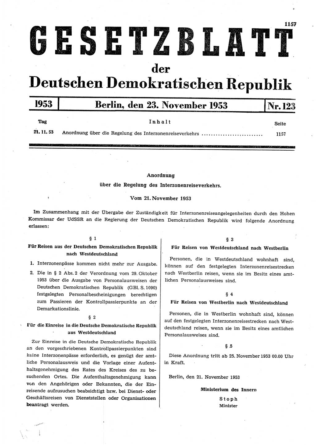 Gesetzblatt (GBl.) der Deutschen Demokratischen Republik (DDR) 1953, Seite 1157 (GBl. DDR 1953, S. 1157)