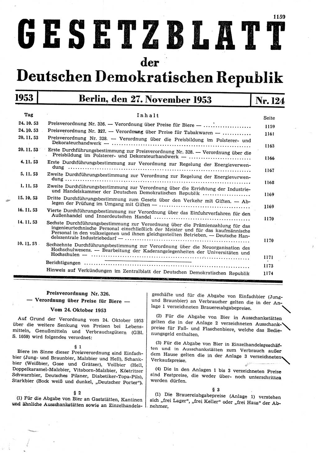 Gesetzblatt (GBl.) der Deutschen Demokratischen Republik (DDR) 1953, Seite 1159 (GBl. DDR 1953, S. 1159)