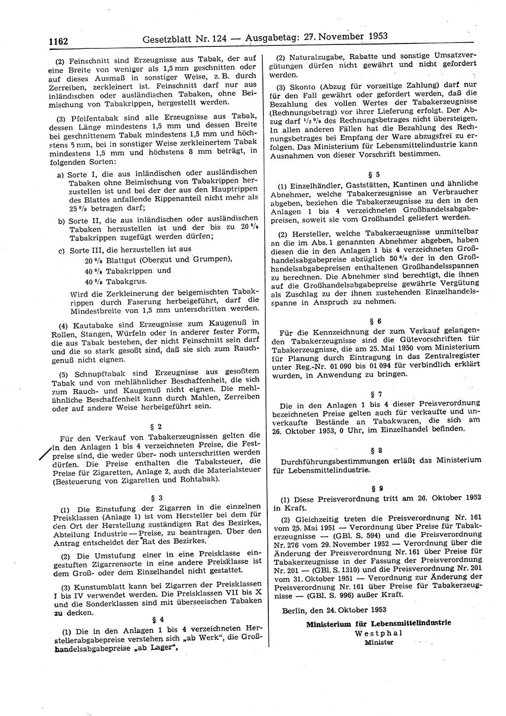 Gesetzblatt (GBl.) der Deutschen Demokratischen Republik (DDR) 1953, Seite 1162 (GBl. DDR 1953, S. 1162)