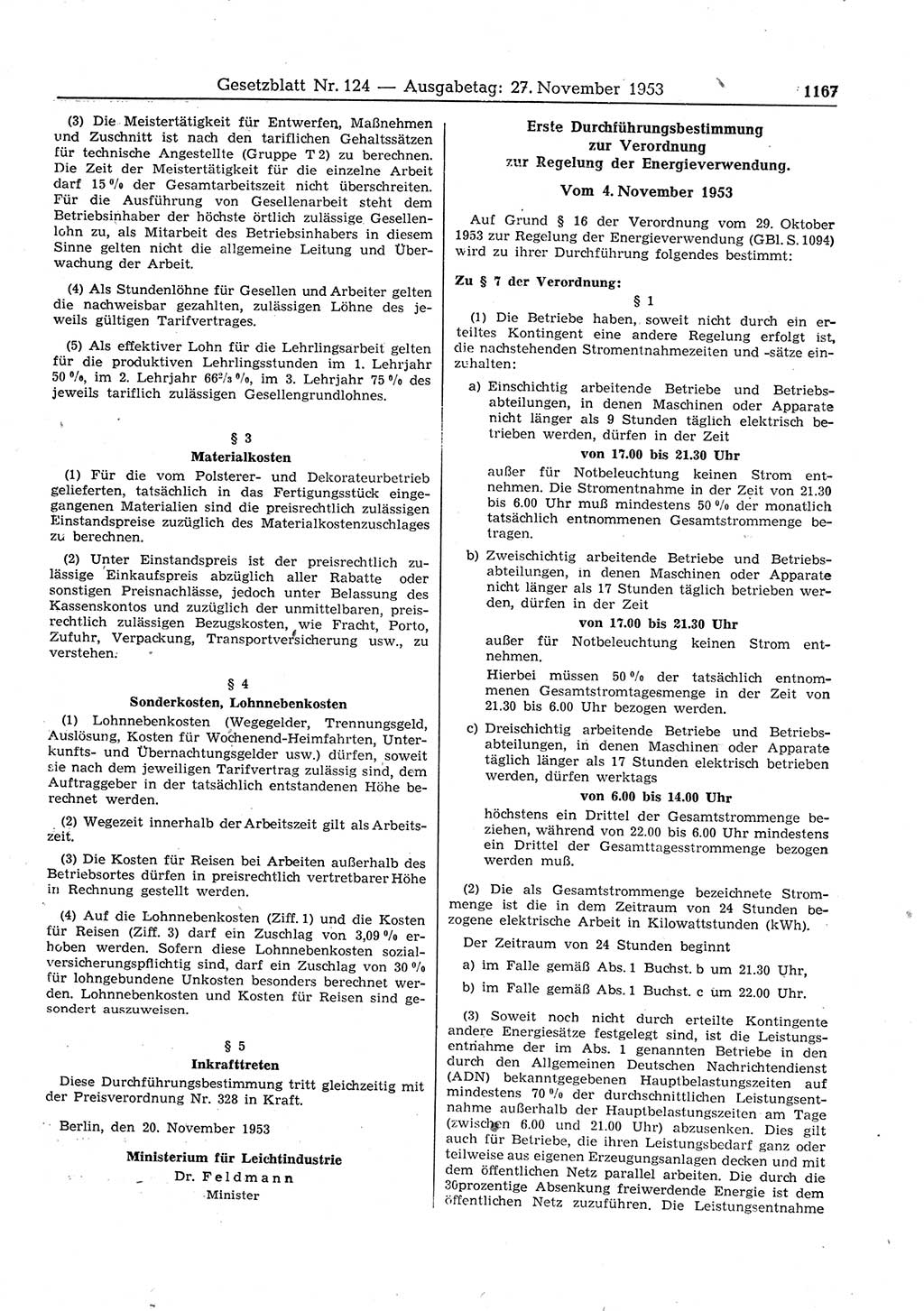 Gesetzblatt (GBl.) der Deutschen Demokratischen Republik (DDR) 1953, Seite 1167 (GBl. DDR 1953, S. 1167)
