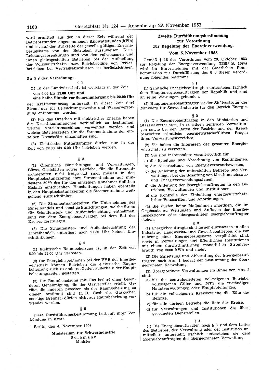 Gesetzblatt (GBl.) der Deutschen Demokratischen Republik (DDR) 1953, Seite 1168 (GBl. DDR 1953, S. 1168)