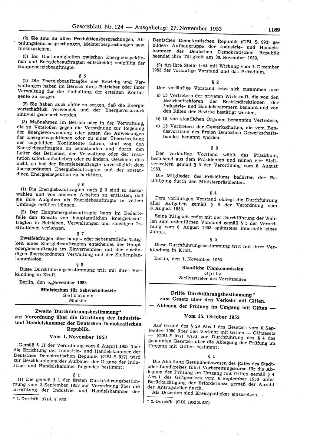 Gesetzblatt (GBl.) der Deutschen Demokratischen Republik (DDR) 1953, Seite 1169 (GBl. DDR 1953, S. 1169)