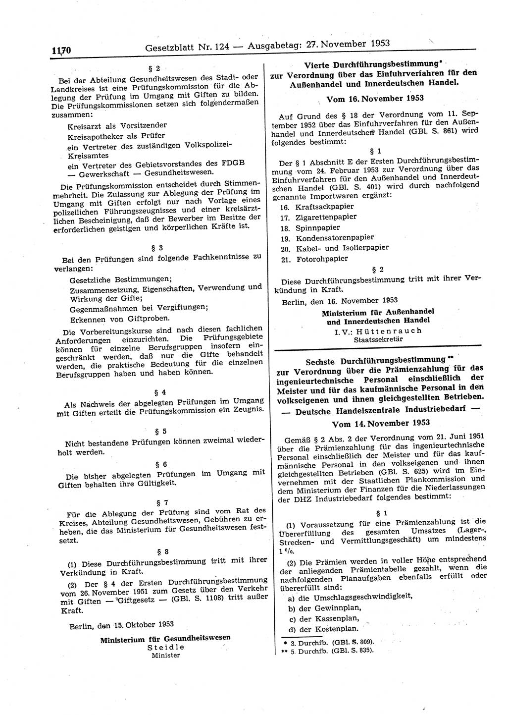 Gesetzblatt (GBl.) der Deutschen Demokratischen Republik (DDR) 1953, Seite 1170 (GBl. DDR 1953, S. 1170)