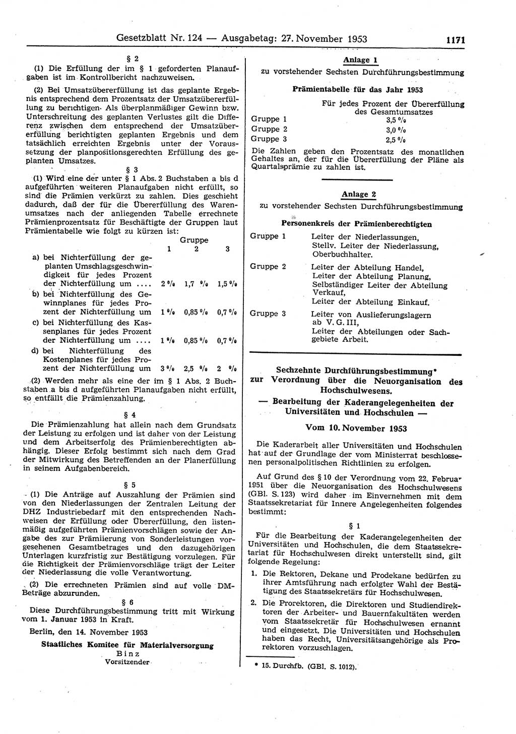 Gesetzblatt (GBl.) der Deutschen Demokratischen Republik (DDR) 1953, Seite 1171 (GBl. DDR 1953, S. 1171)