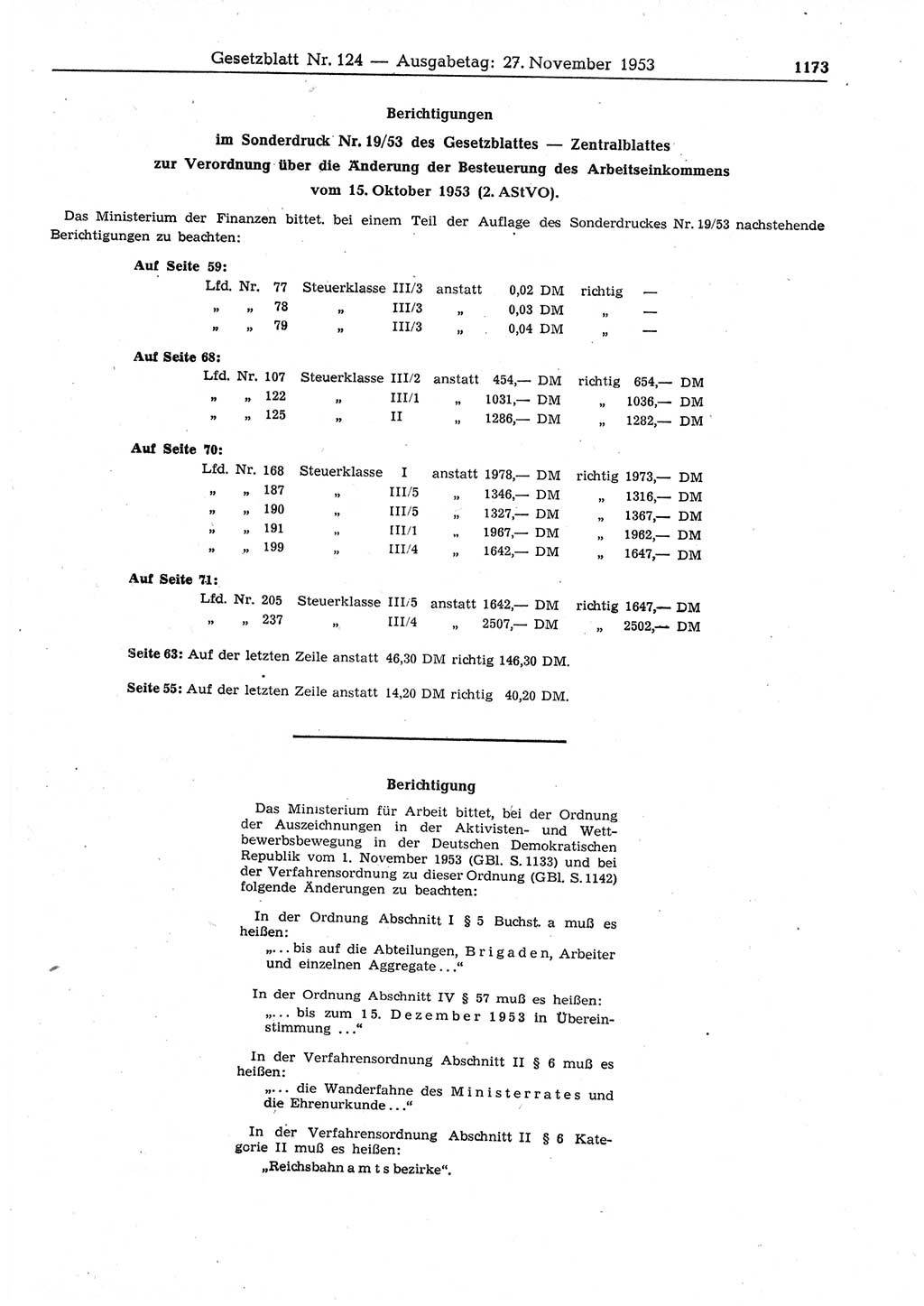 Gesetzblatt (GBl.) der Deutschen Demokratischen Republik (DDR) 1953, Seite 1173 (GBl. DDR 1953, S. 1173)