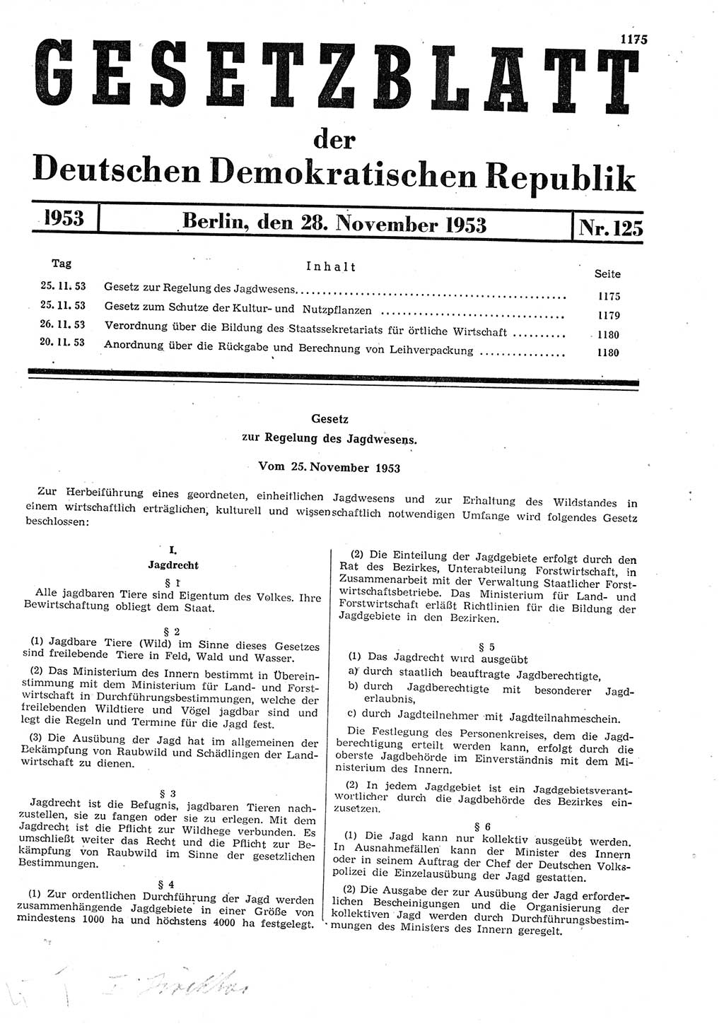 Gesetzblatt (GBl.) der Deutschen Demokratischen Republik (DDR) 1953, Seite 1175 (GBl. DDR 1953, S. 1175)