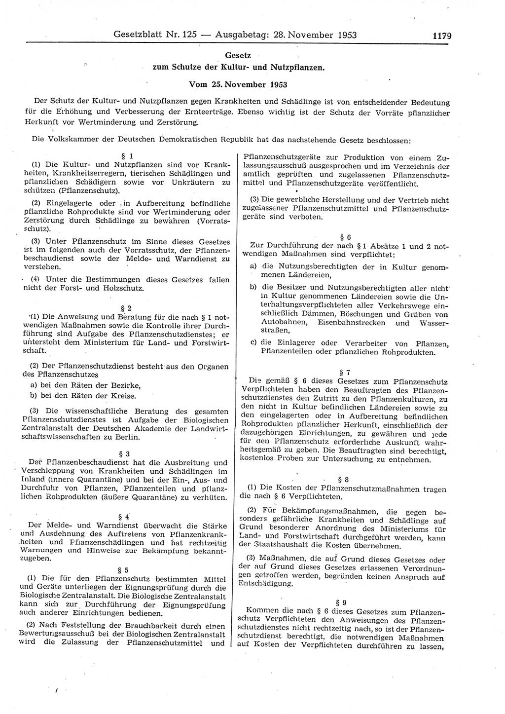 Gesetzblatt (GBl.) der Deutschen Demokratischen Republik (DDR) 1953, Seite 1179 (GBl. DDR 1953, S. 1179)