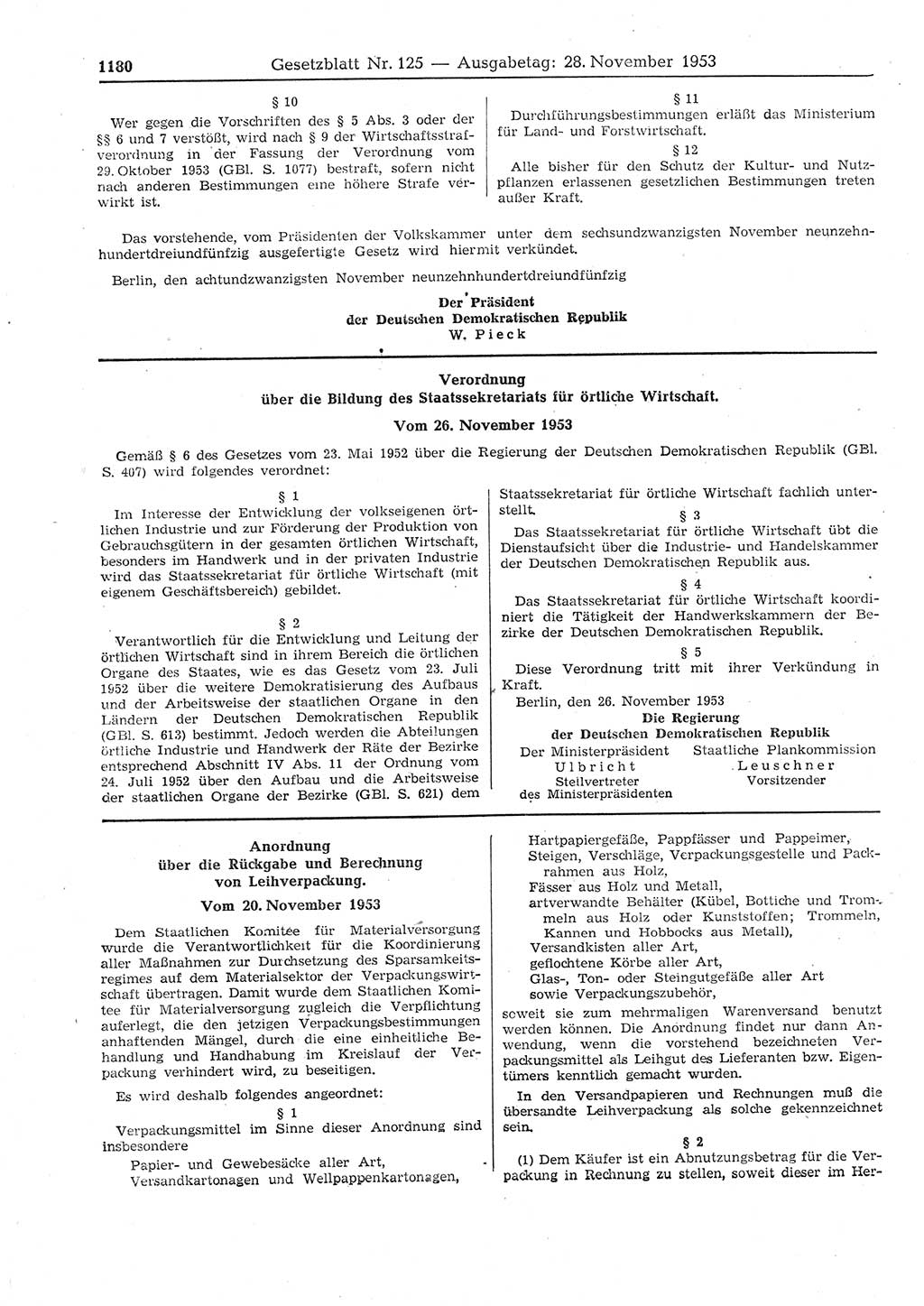Gesetzblatt (GBl.) der Deutschen Demokratischen Republik (DDR) 1953, Seite 1180 (GBl. DDR 1953, S. 1180)