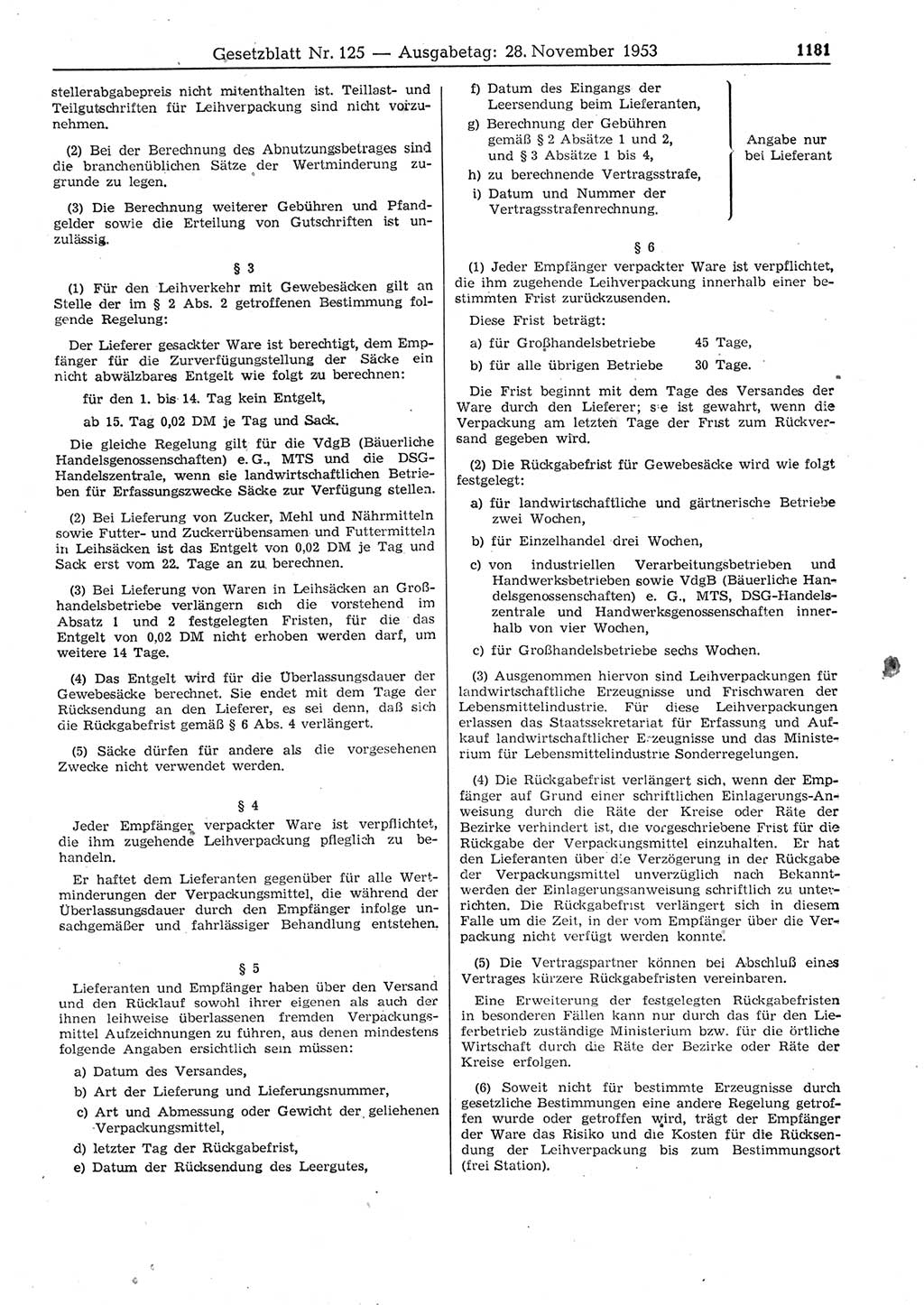 Gesetzblatt (GBl.) der Deutschen Demokratischen Republik (DDR) 1953, Seite 1181 (GBl. DDR 1953, S. 1181)