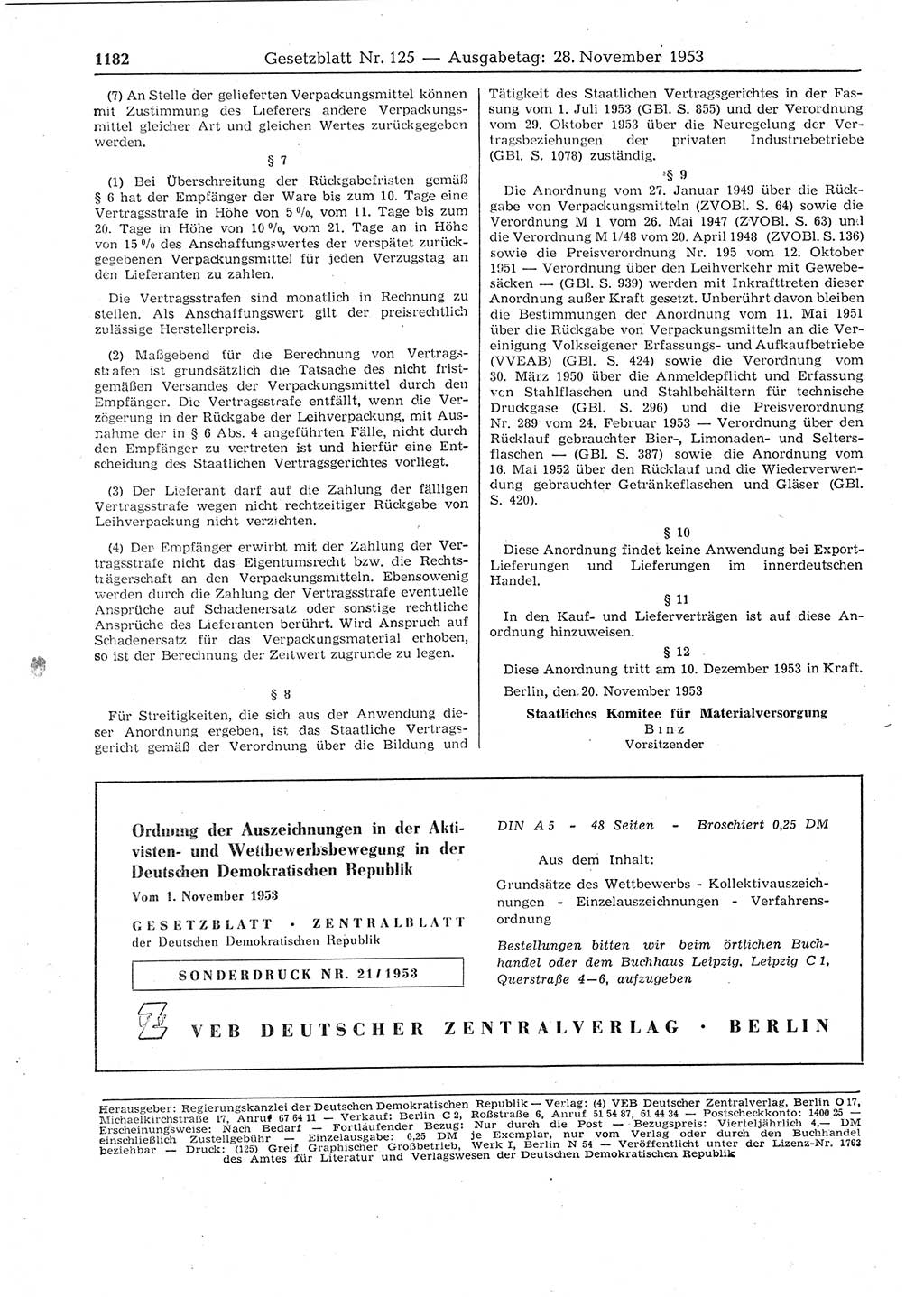 Gesetzblatt (GBl.) der Deutschen Demokratischen Republik (DDR) 1953, Seite 1182 (GBl. DDR 1953, S. 1182)