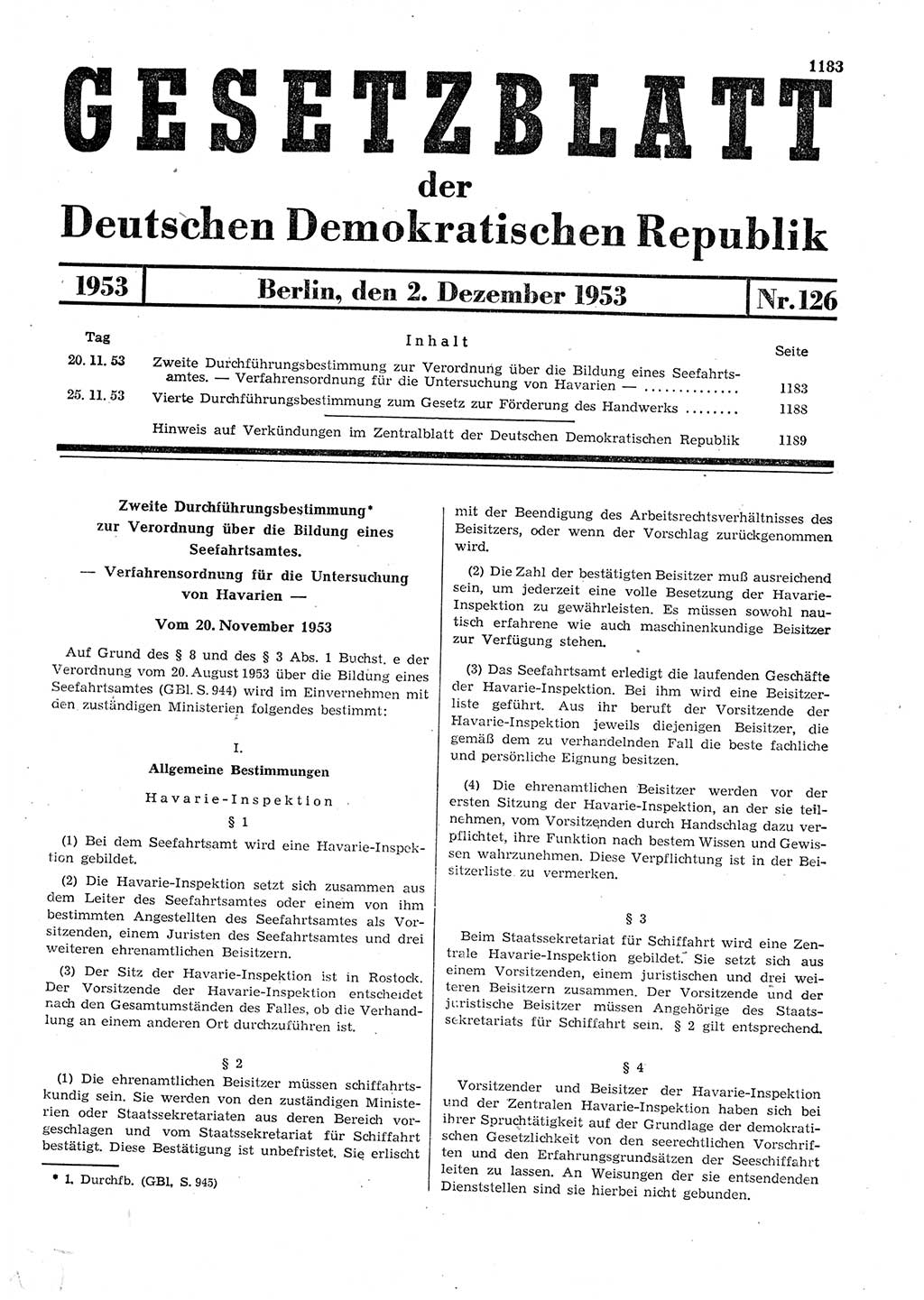 Gesetzblatt (GBl.) der Deutschen Demokratischen Republik (DDR) 1953, Seite 1183 (GBl. DDR 1953, S. 1183)