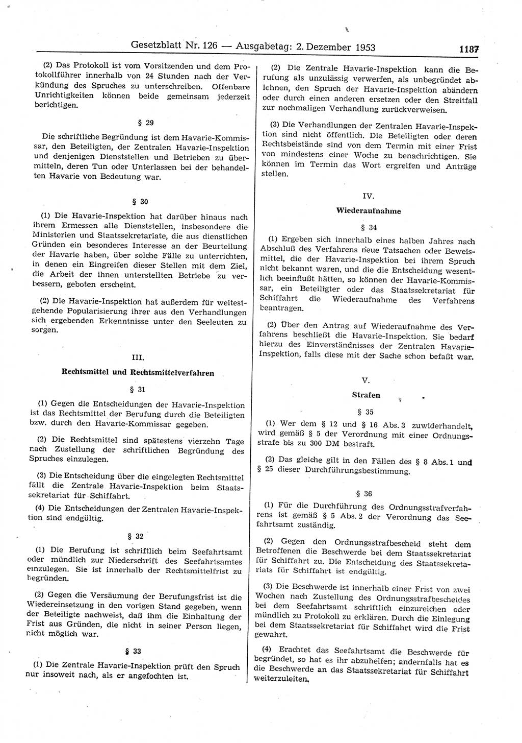 Gesetzblatt (GBl.) der Deutschen Demokratischen Republik (DDR) 1953, Seite 1187 (GBl. DDR 1953, S. 1187)