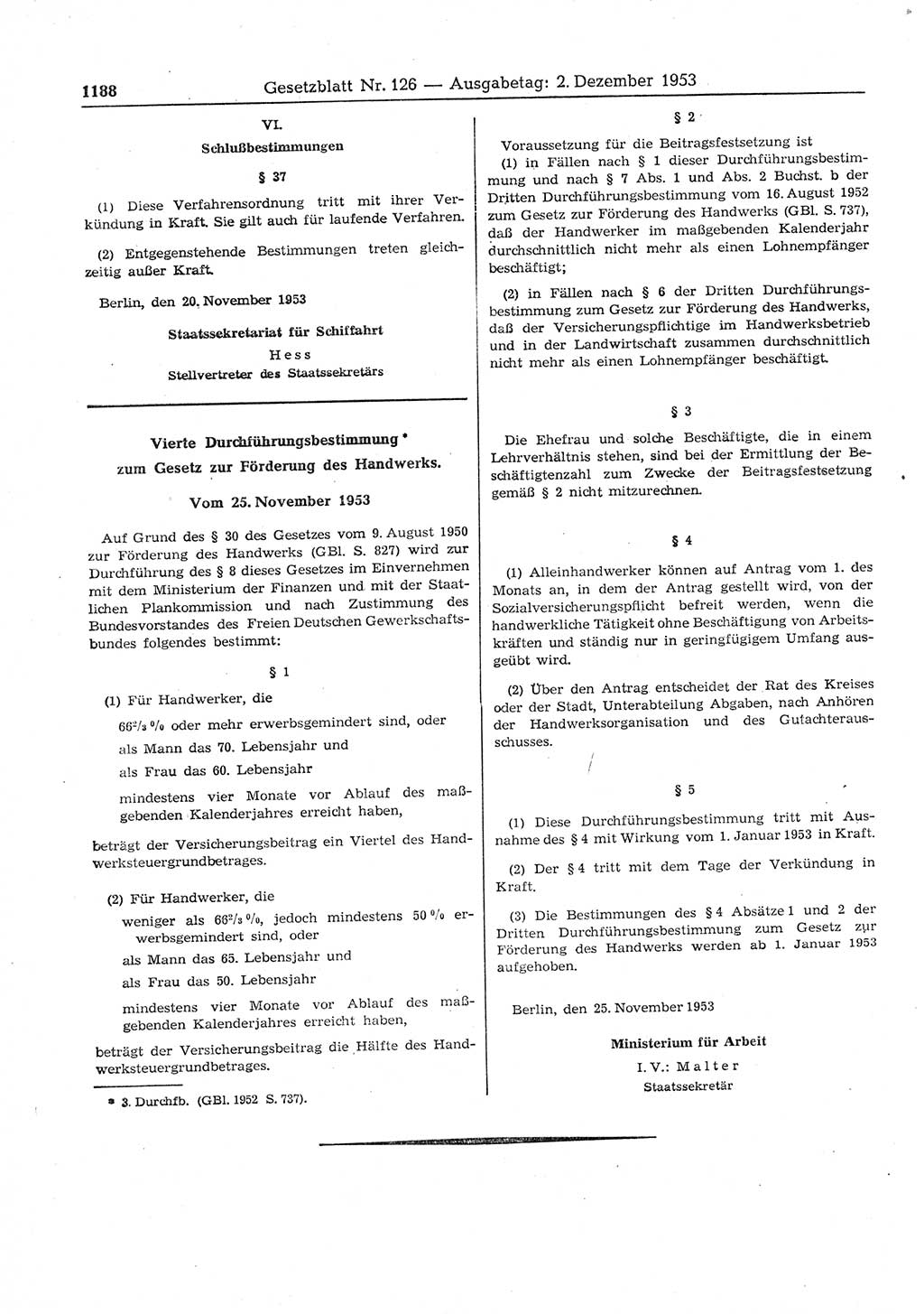 Gesetzblatt (GBl.) der Deutschen Demokratischen Republik (DDR) 1953, Seite 1188 (GBl. DDR 1953, S. 1188)