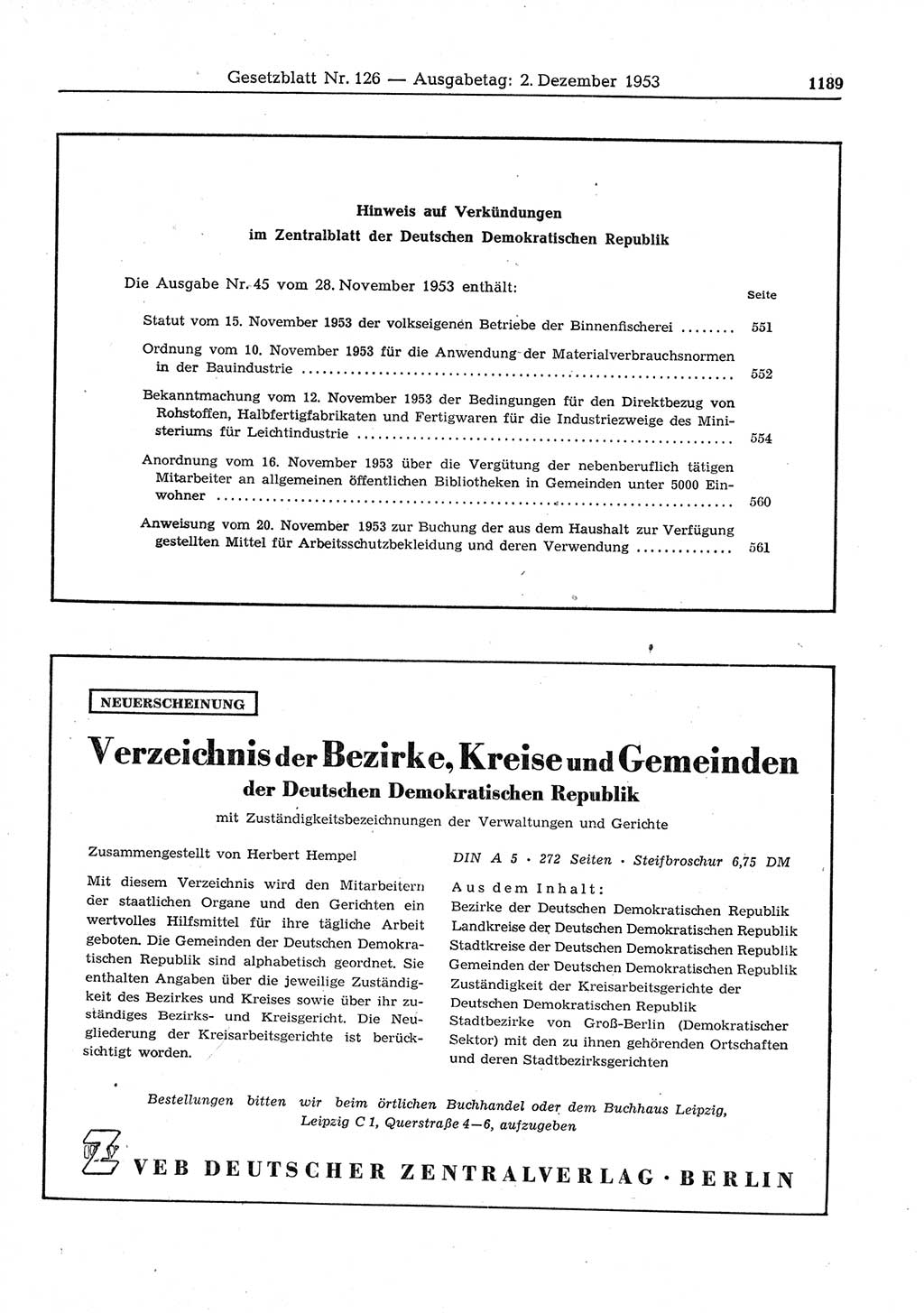 Gesetzblatt (GBl.) der Deutschen Demokratischen Republik (DDR) 1953, Seite 1189 (GBl. DDR 1953, S. 1189)