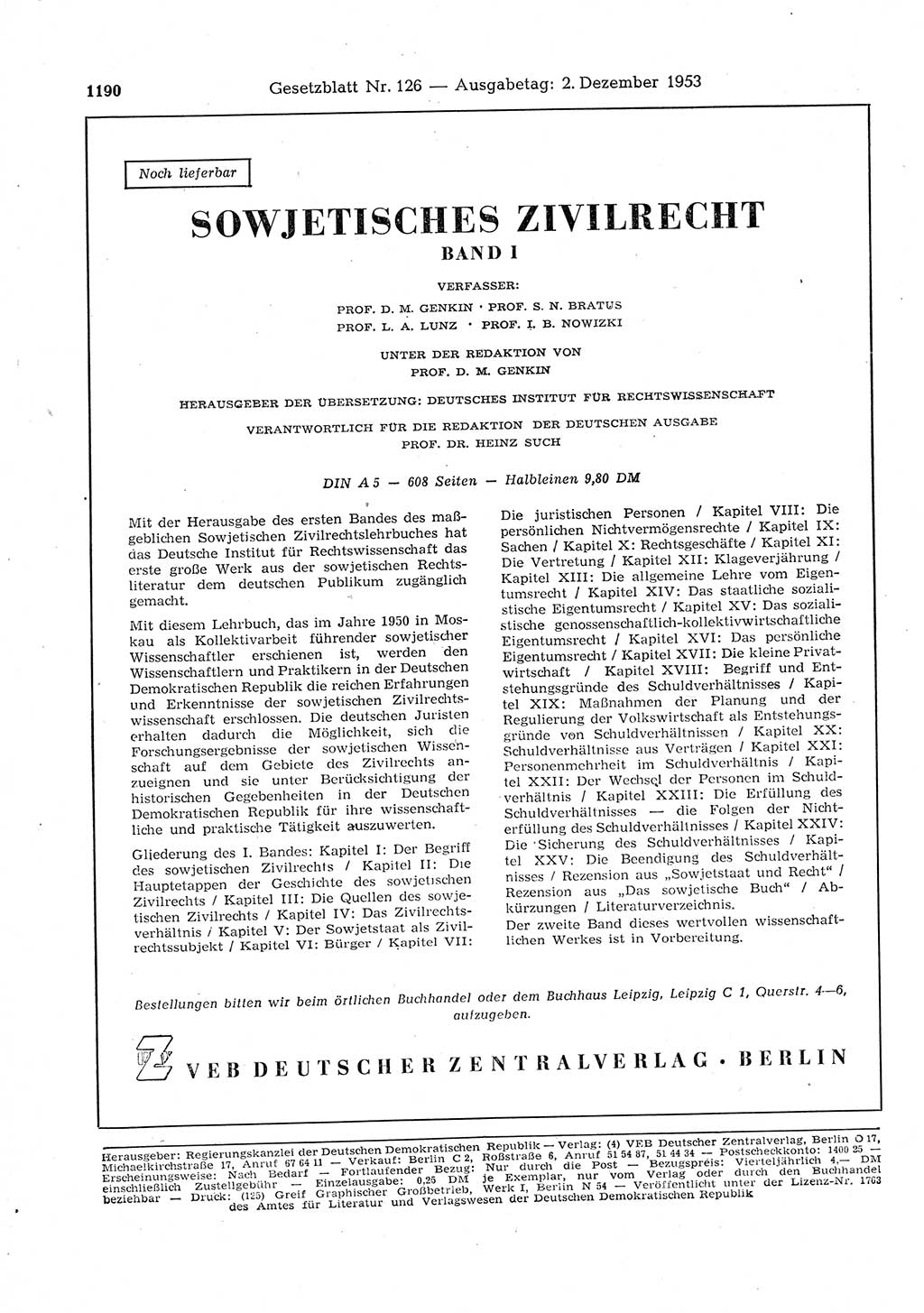 Gesetzblatt (GBl.) der Deutschen Demokratischen Republik (DDR) 1953, Seite 1190 (GBl. DDR 1953, S. 1190)