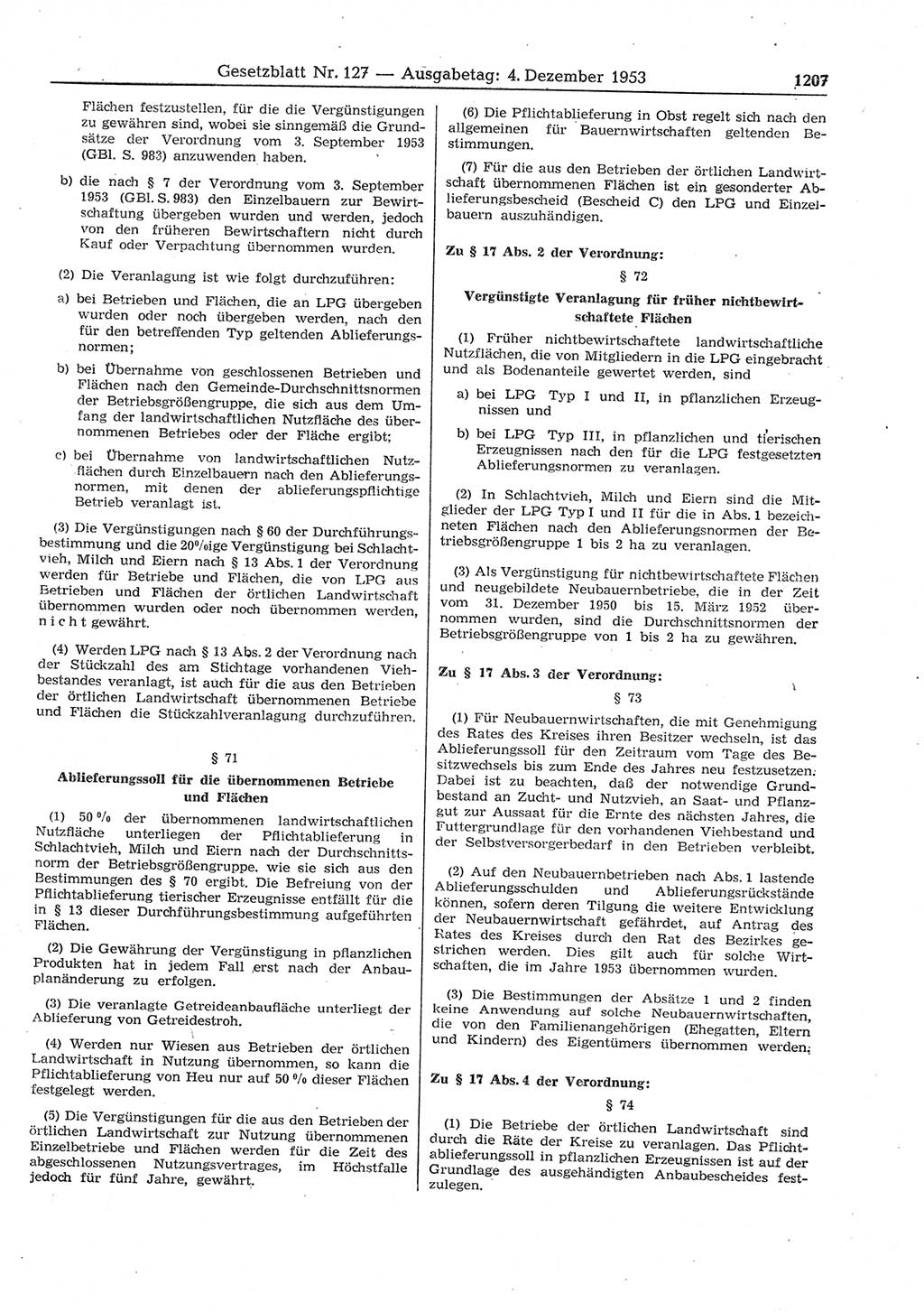 Gesetzblatt (GBl.) der Deutschen Demokratischen Republik (DDR) 1953, Seite 1207 (GBl. DDR 1953, S. 1207)