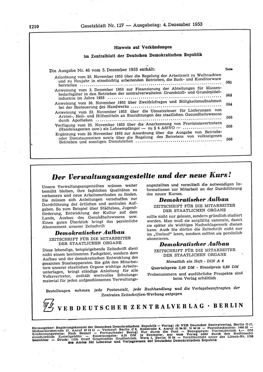 Gesetzblatt (GBl.) der Deutschen Demokratischen Republik (DDR) 1953, Seite 1210 (GBl. DDR 1953, S. 1210)