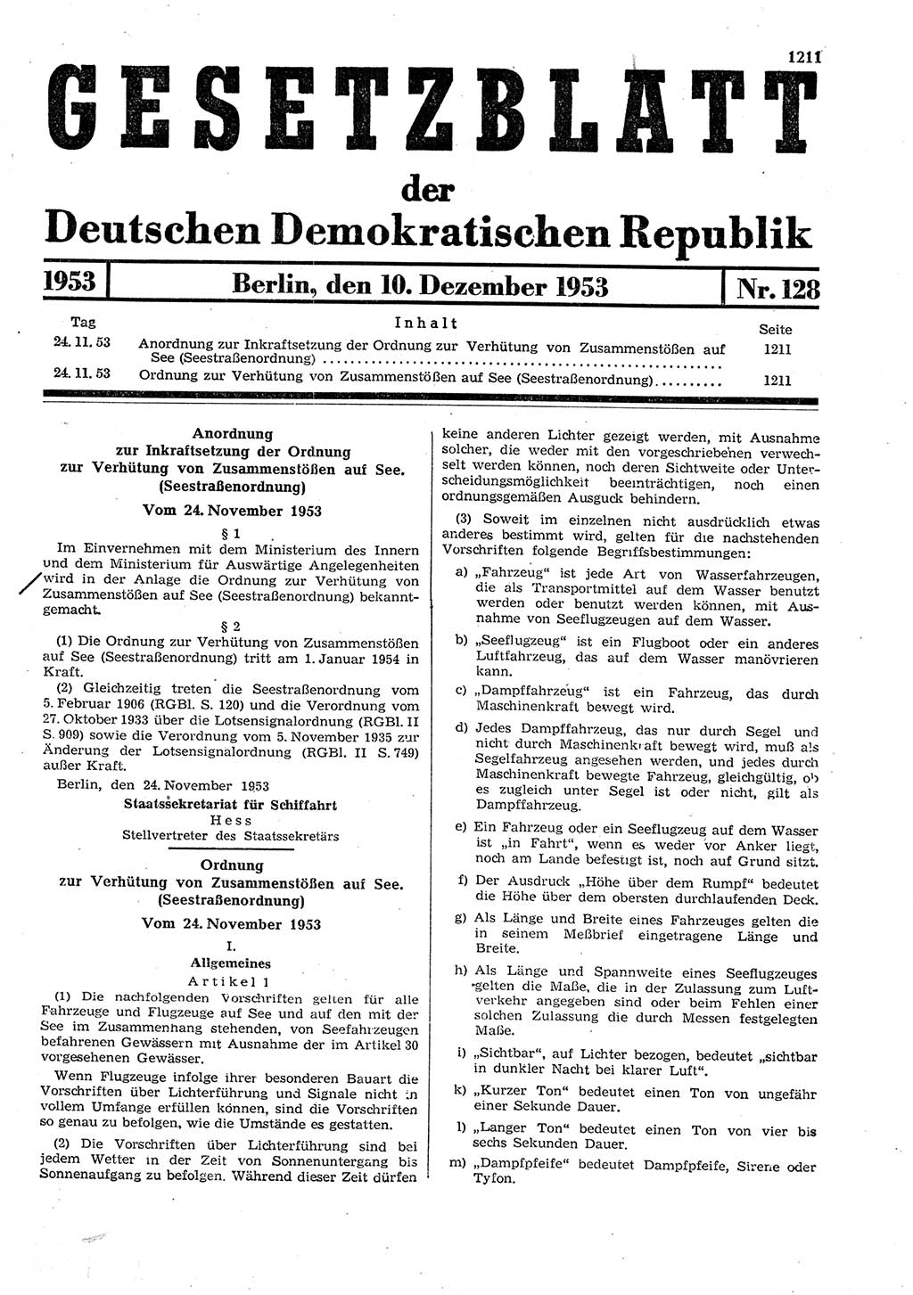 Gesetzblatt (GBl.) der Deutschen Demokratischen Republik (DDR) 1953, Seite 1211 (GBl. DDR 1953, S. 1211)