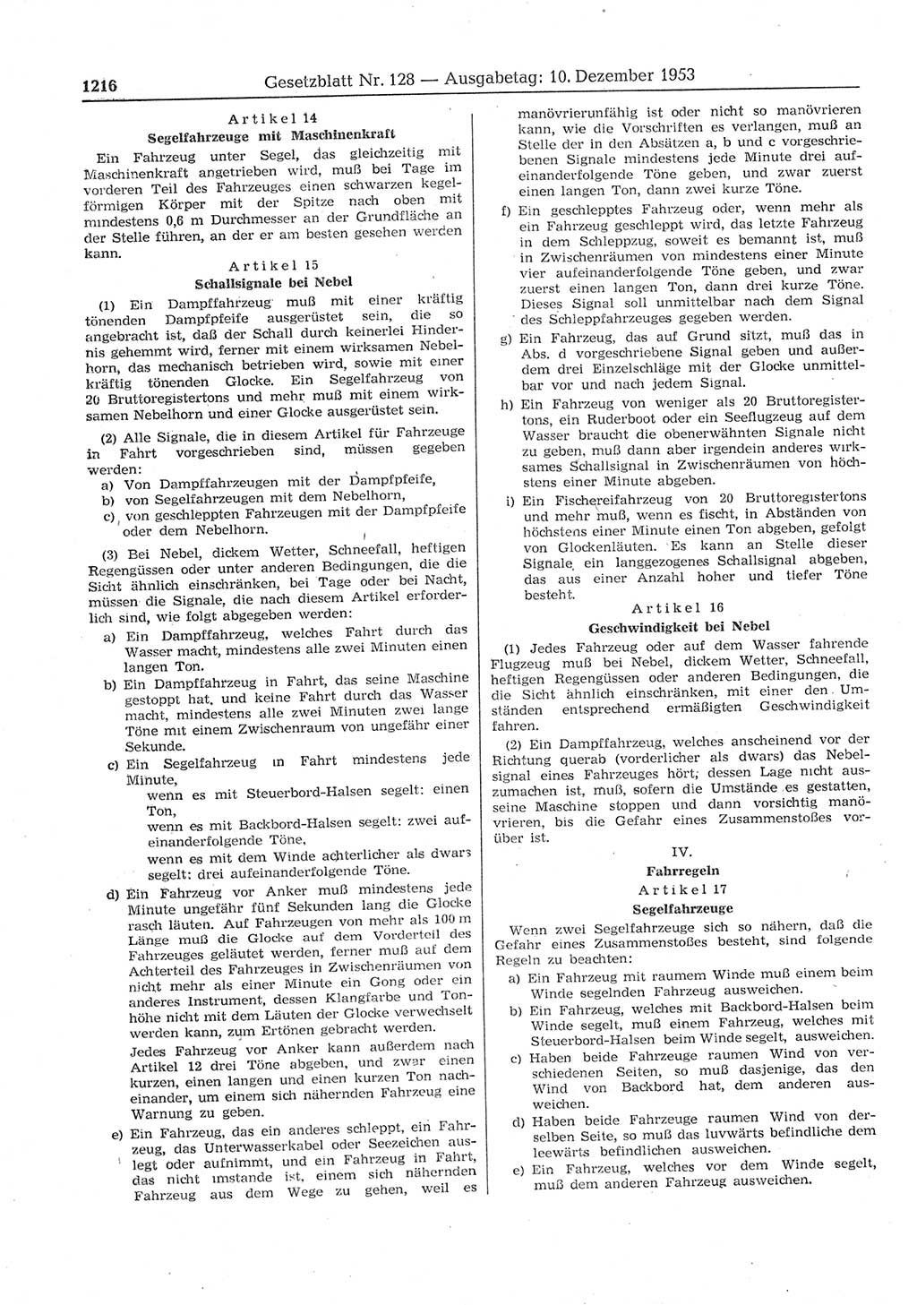 Gesetzblatt (GBl.) der Deutschen Demokratischen Republik (DDR) 1953, Seite 1216 (GBl. DDR 1953, S. 1216)