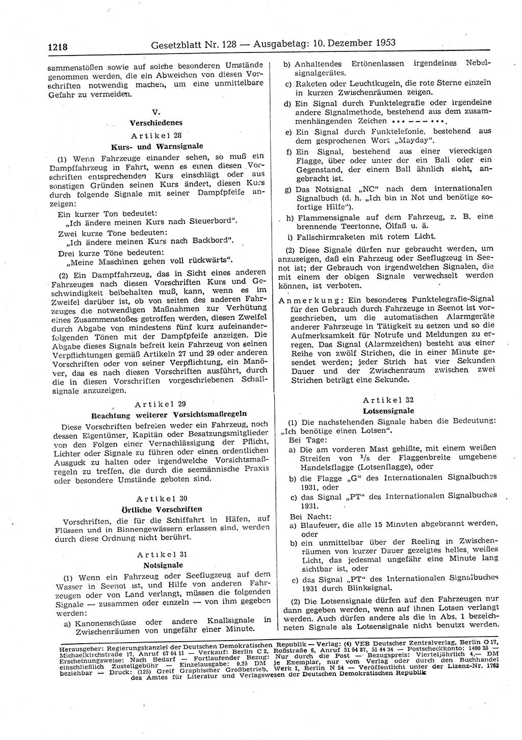 Gesetzblatt (GBl.) der Deutschen Demokratischen Republik (DDR) 1953, Seite 1218 (GBl. DDR 1953, S. 1218)