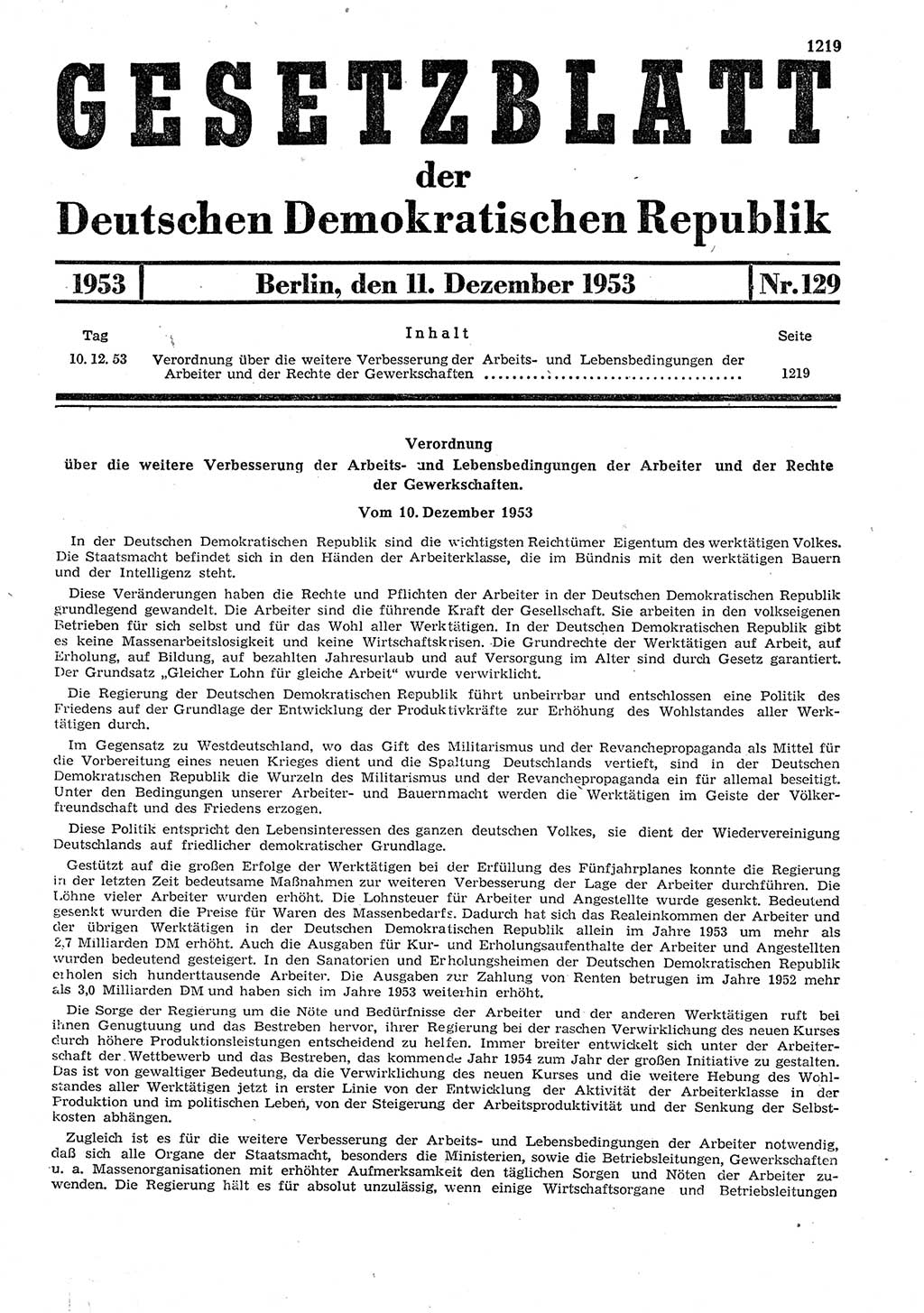 Gesetzblatt (GBl.) der Deutschen Demokratischen Republik (DDR) 1953, Seite 1219 (GBl. DDR 1953, S. 1219)