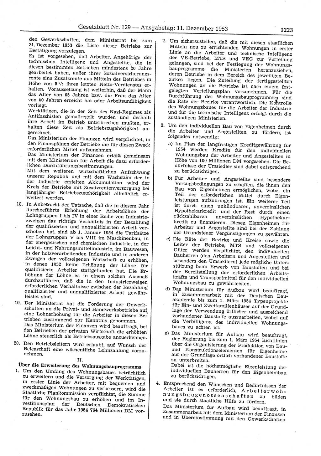 Gesetzblatt (GBl.) der Deutschen Demokratischen Republik (DDR) 1953, Seite 1223 (GBl. DDR 1953, S. 1223)