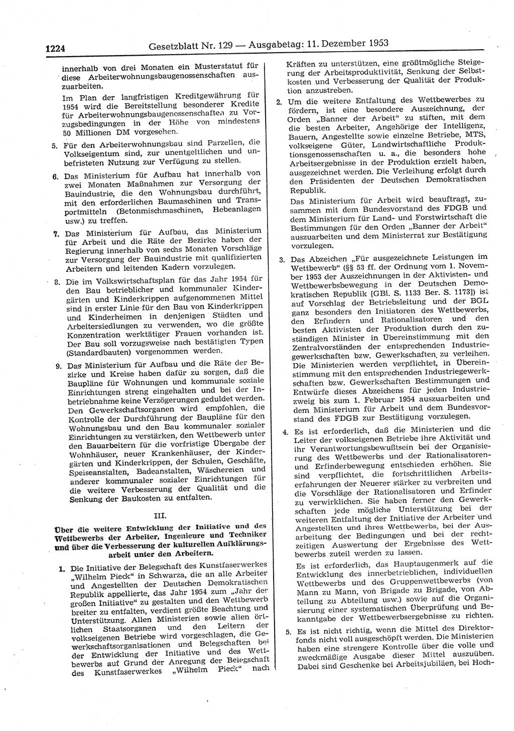 Gesetzblatt (GBl.) der Deutschen Demokratischen Republik (DDR) 1953, Seite 1224 (GBl. DDR 1953, S. 1224)