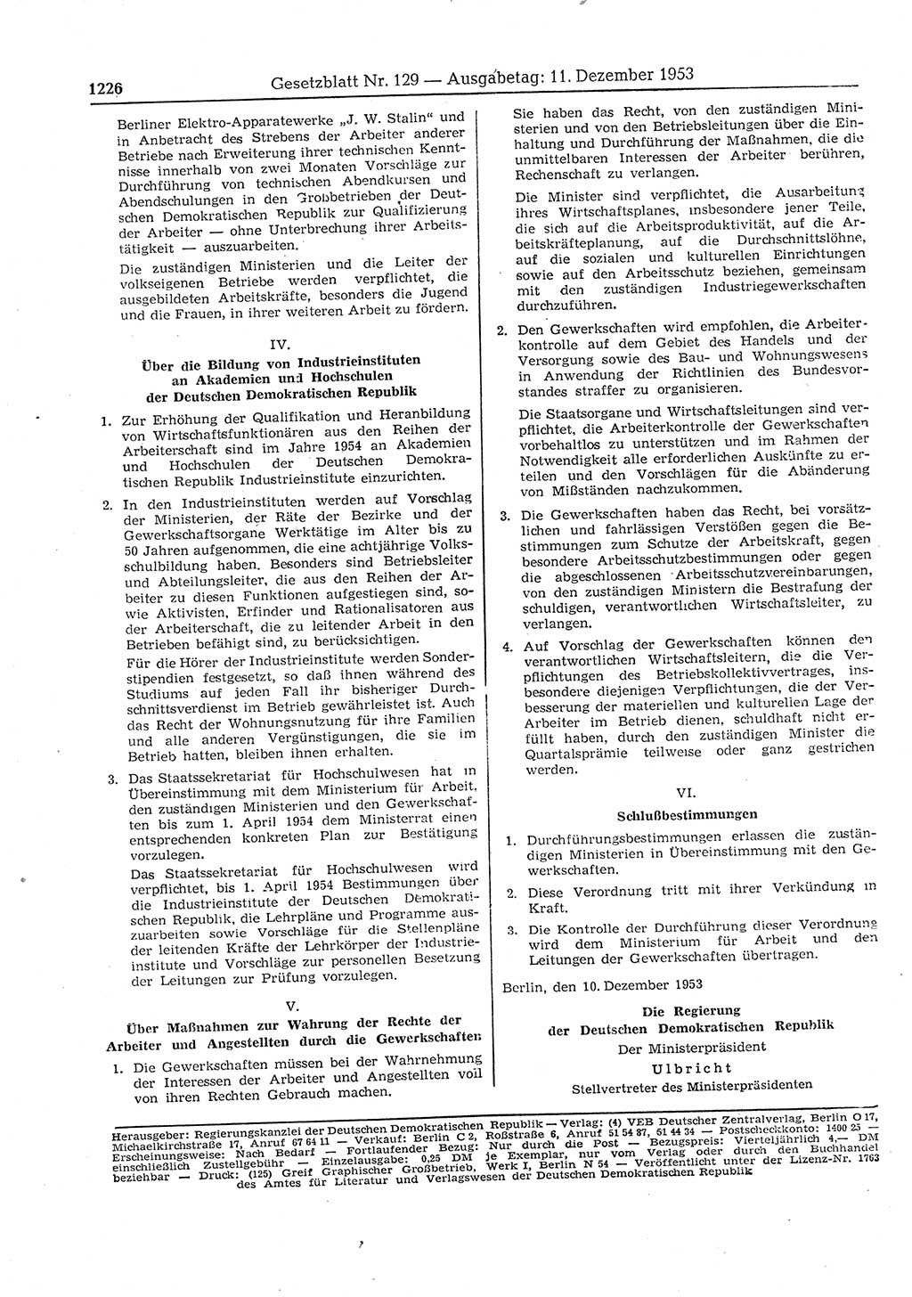 Gesetzblatt (GBl.) der Deutschen Demokratischen Republik (DDR) 1953, Seite 1226 (GBl. DDR 1953, S. 1226)