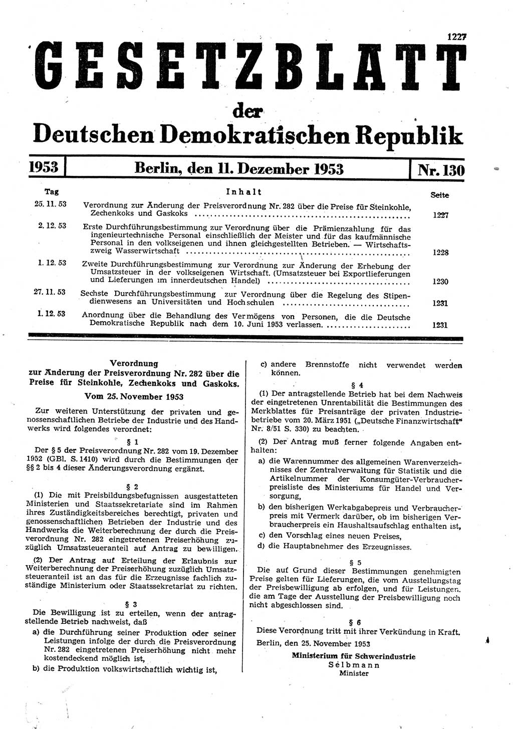 Gesetzblatt (GBl.) der Deutschen Demokratischen Republik (DDR) 1953, Seite 1227 (GBl. DDR 1953, S. 1227)