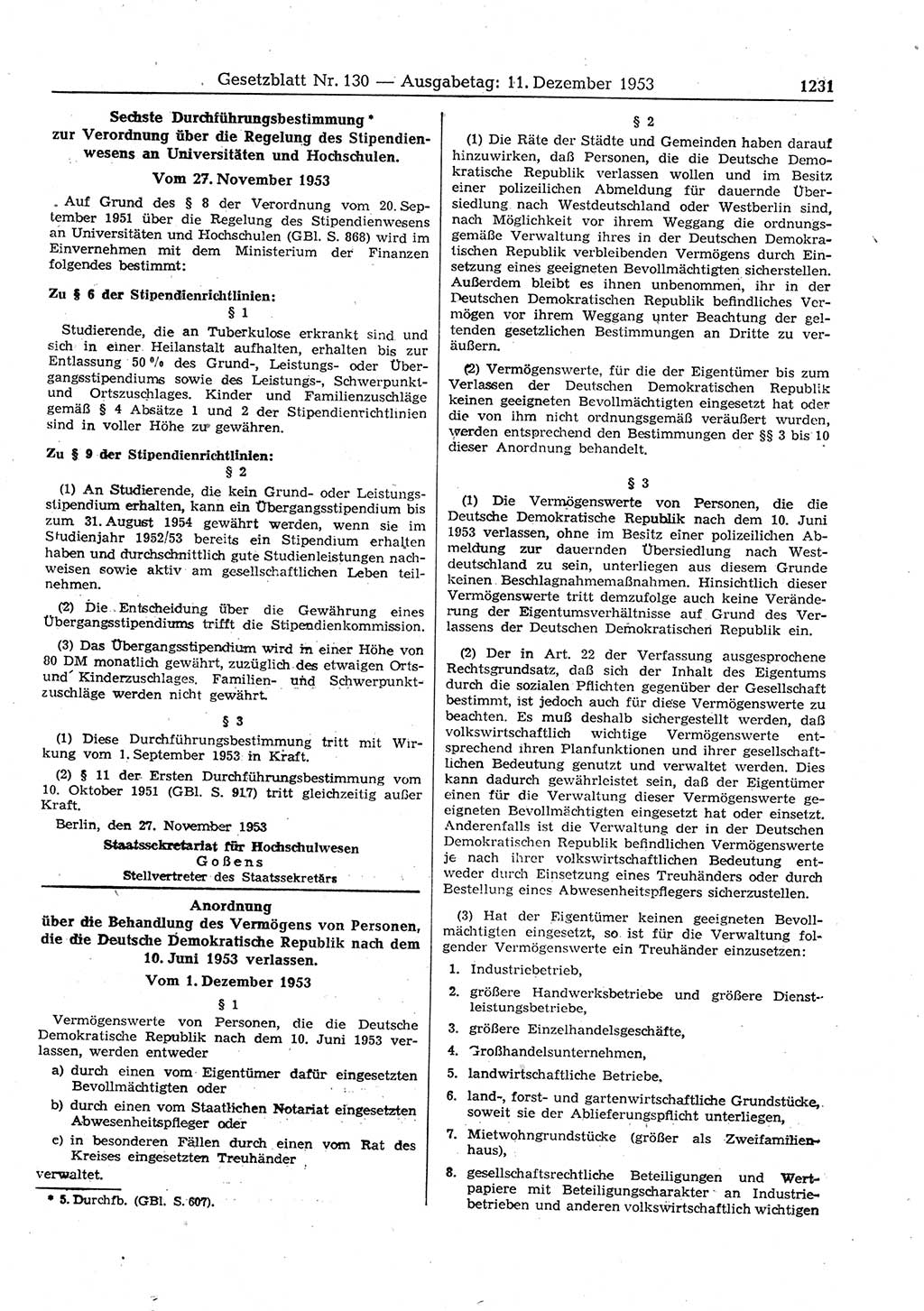 Gesetzblatt (GBl.) der Deutschen Demokratischen Republik (DDR) 1953, Seite 1231 (GBl. DDR 1953, S. 1231)