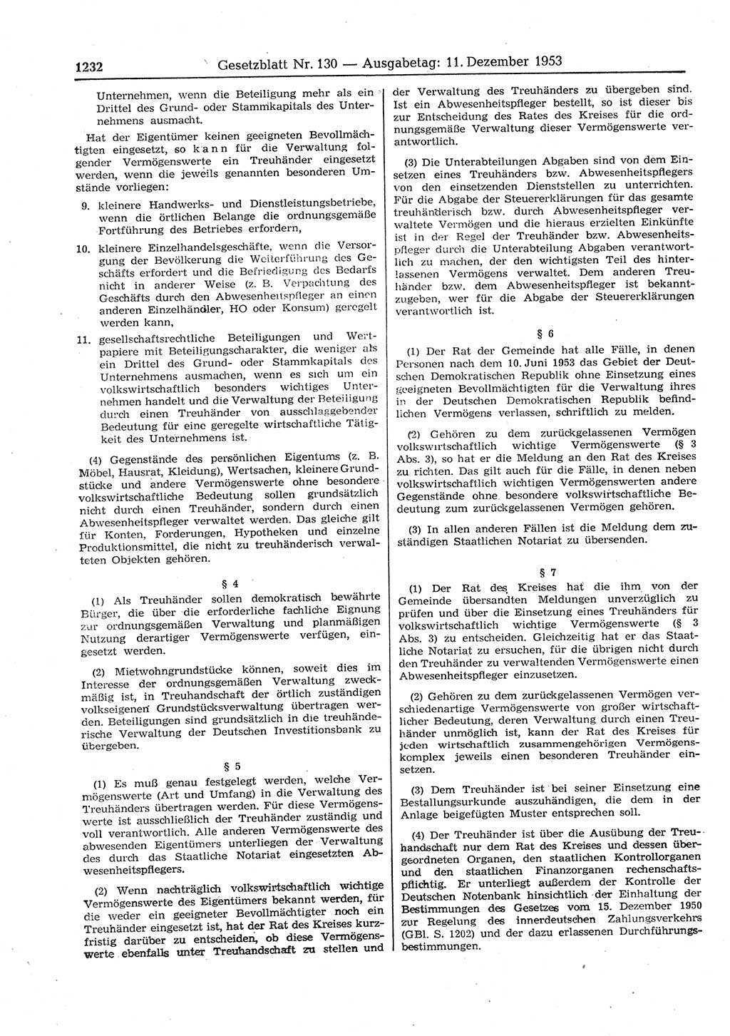 Gesetzblatt (GBl.) der Deutschen Demokratischen Republik (DDR) 1953, Seite 1232 (GBl. DDR 1953, S. 1232)