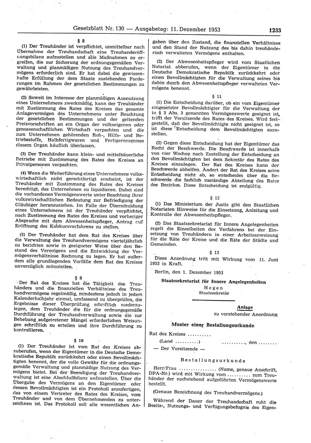 Gesetzblatt (GBl.) der Deutschen Demokratischen Republik (DDR) 1953, Seite 1233 (GBl. DDR 1953, S. 1233)