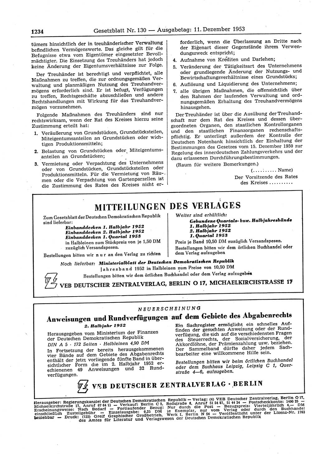 Gesetzblatt (GBl.) der Deutschen Demokratischen Republik (DDR) 1953, Seite 1234 (GBl. DDR 1953, S. 1234)