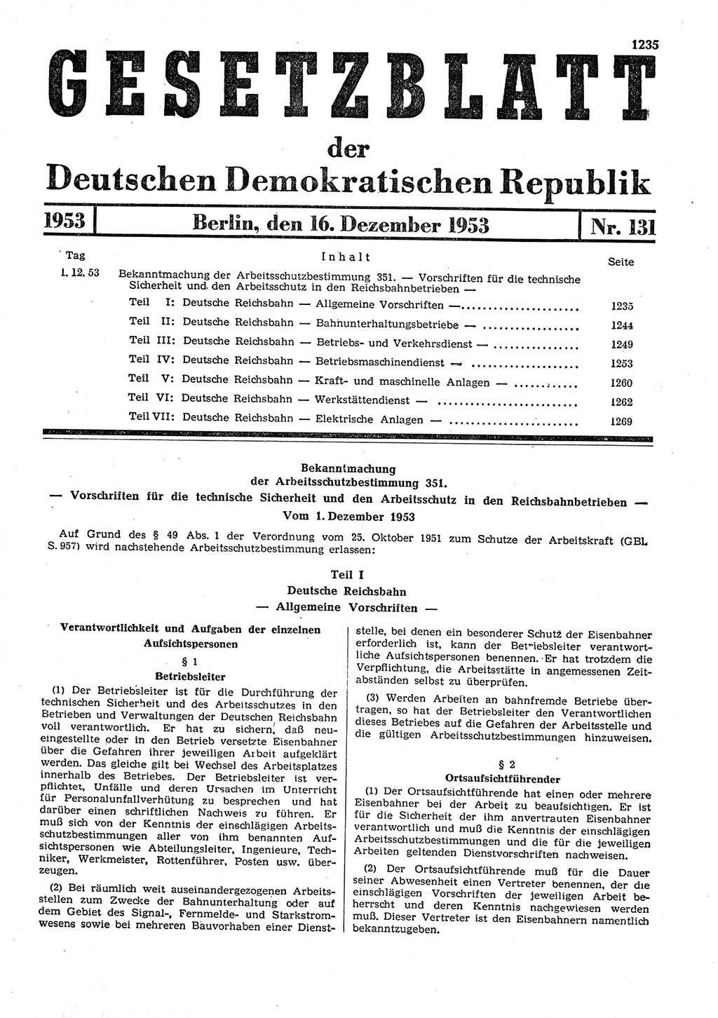 Gesetzblatt (GBl.) der Deutschen Demokratischen Republik (DDR) 1953, Seite 1235 (GBl. DDR 1953, S. 1235)