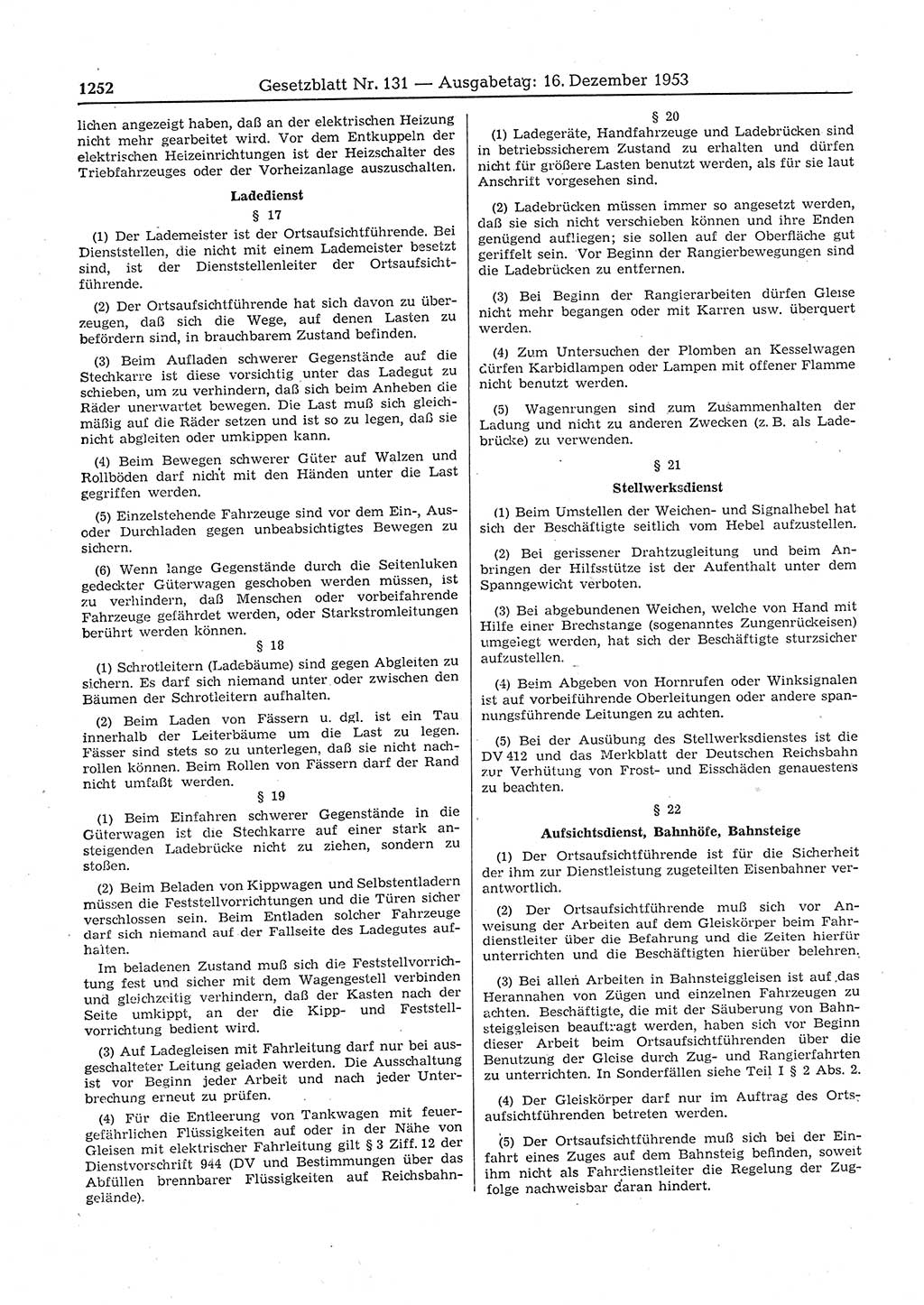 Gesetzblatt (GBl.) der Deutschen Demokratischen Republik (DDR) 1953, Seite 1252 (GBl. DDR 1953, S. 1252)