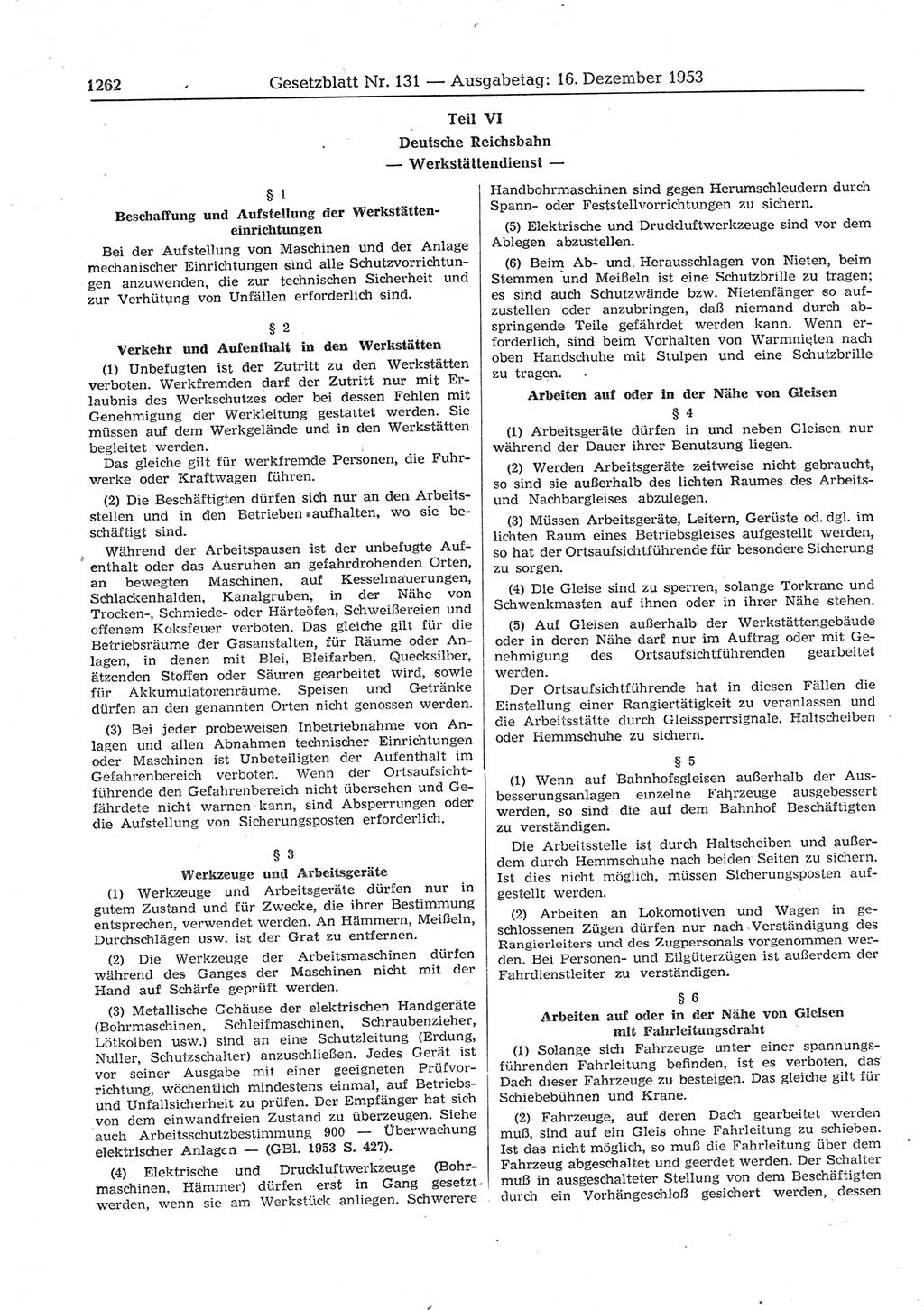 Gesetzblatt (GBl.) der Deutschen Demokratischen Republik (DDR) 1953, Seite 1262 (GBl. DDR 1953, S. 1262)