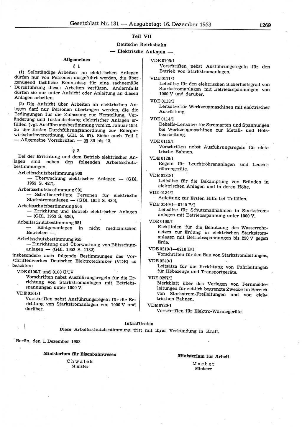 Gesetzblatt (GBl.) der Deutschen Demokratischen Republik (DDR) 1953, Seite 1269 (GBl. DDR 1953, S. 1269)