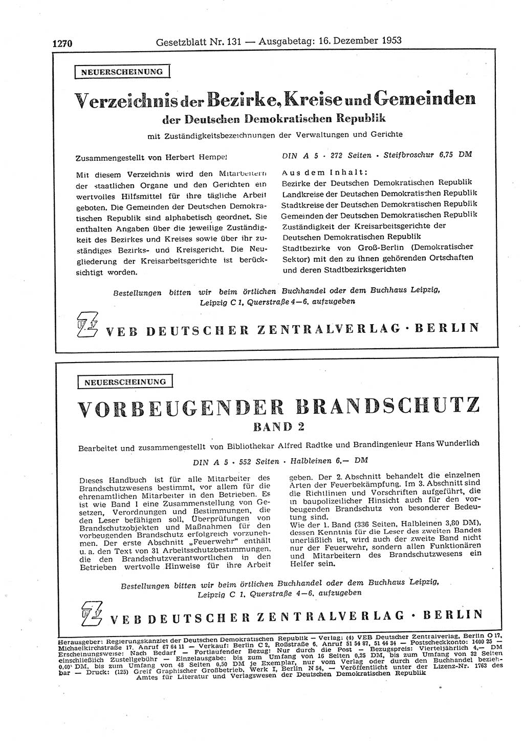 Gesetzblatt (GBl.) der Deutschen Demokratischen Republik (DDR) 1953, Seite 1270 (GBl. DDR 1953, S. 1270)
