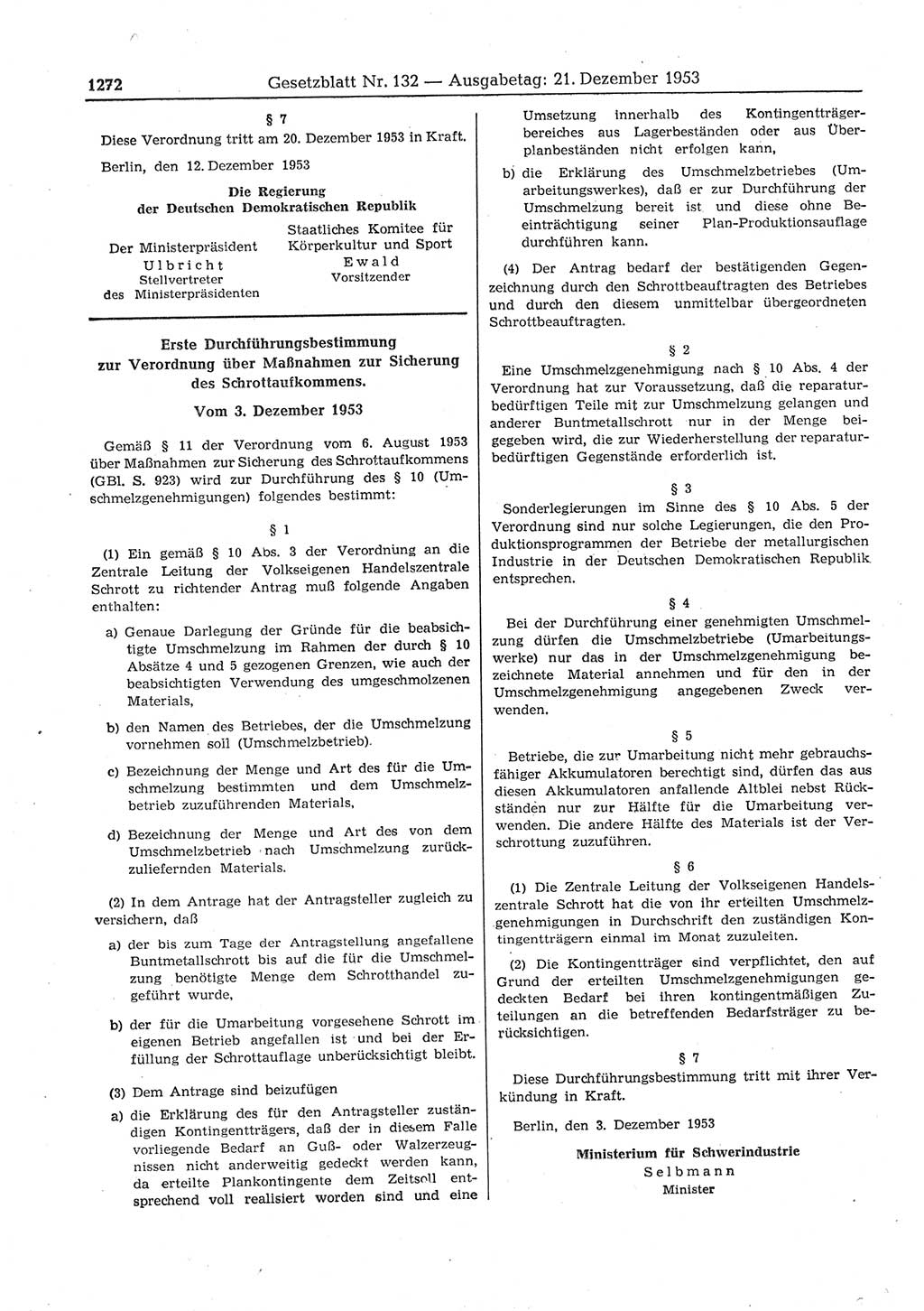 Gesetzblatt (GBl.) der Deutschen Demokratischen Republik (DDR) 1953, Seite 1272 (GBl. DDR 1953, S. 1272)