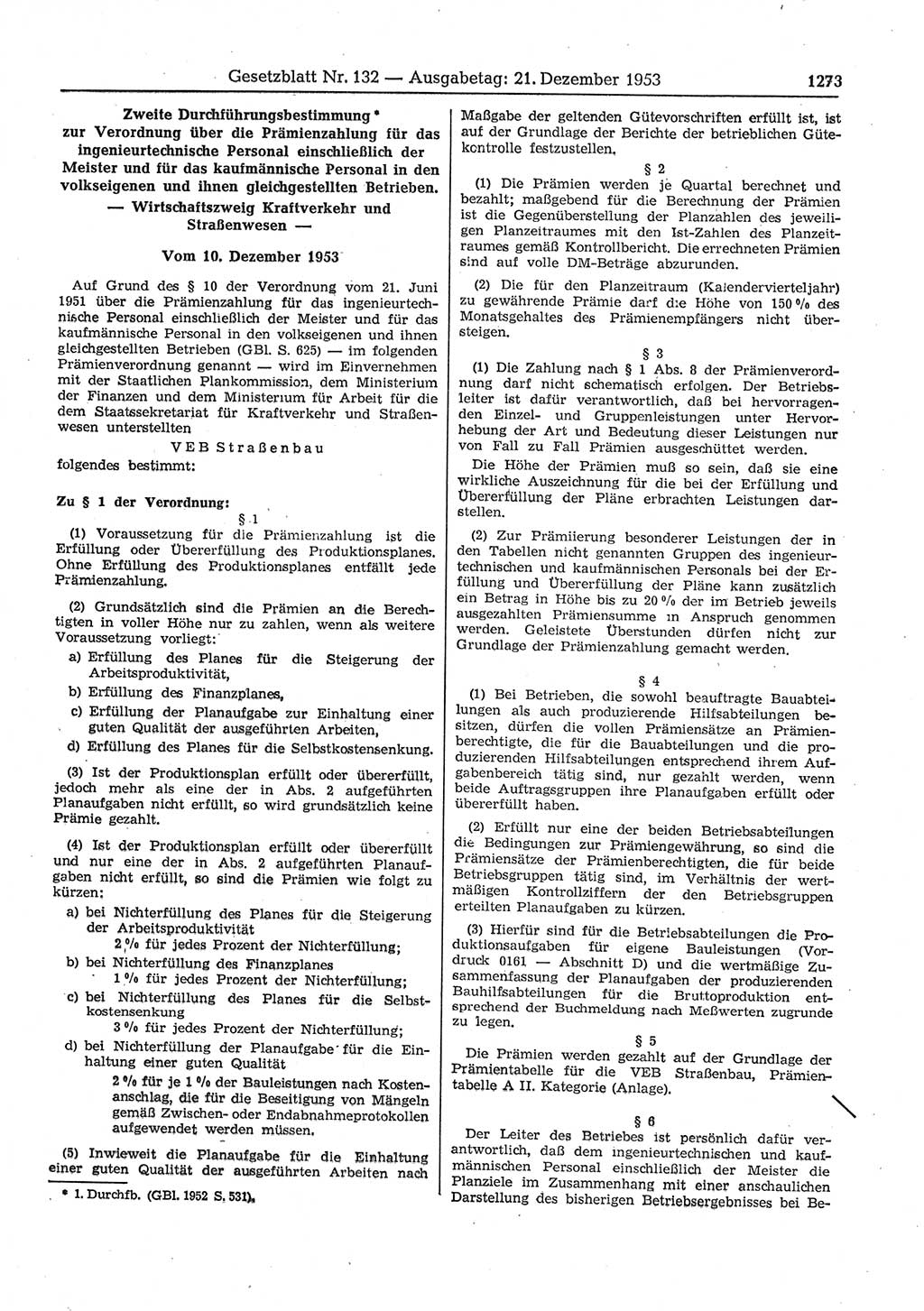 Gesetzblatt (GBl.) der Deutschen Demokratischen Republik (DDR) 1953, Seite 1273 (GBl. DDR 1953, S. 1273)