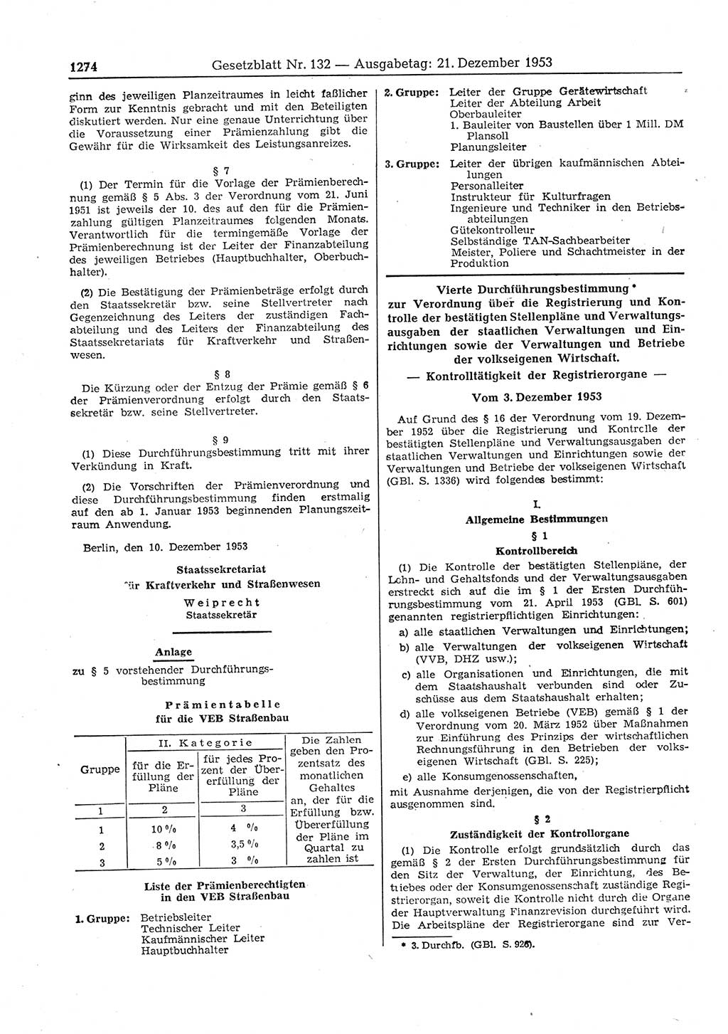 Gesetzblatt (GBl.) der Deutschen Demokratischen Republik (DDR) 1953, Seite 1274 (GBl. DDR 1953, S. 1274)