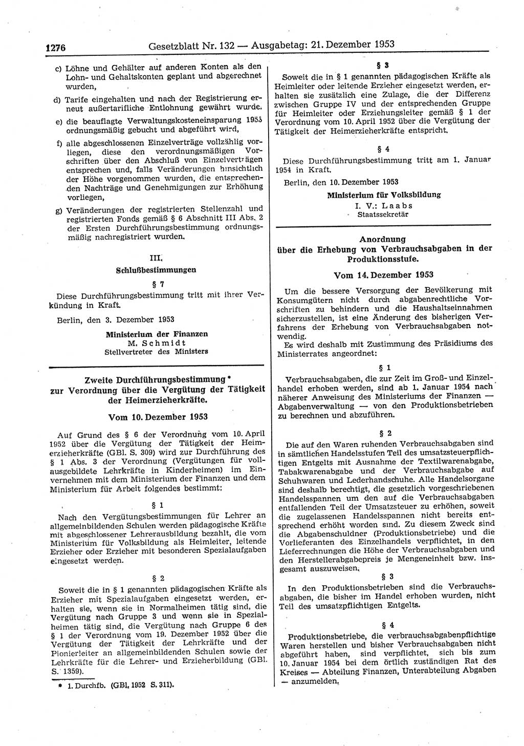 Gesetzblatt (GBl.) der Deutschen Demokratischen Republik (DDR) 1953, Seite 1276 (GBl. DDR 1953, S. 1276)