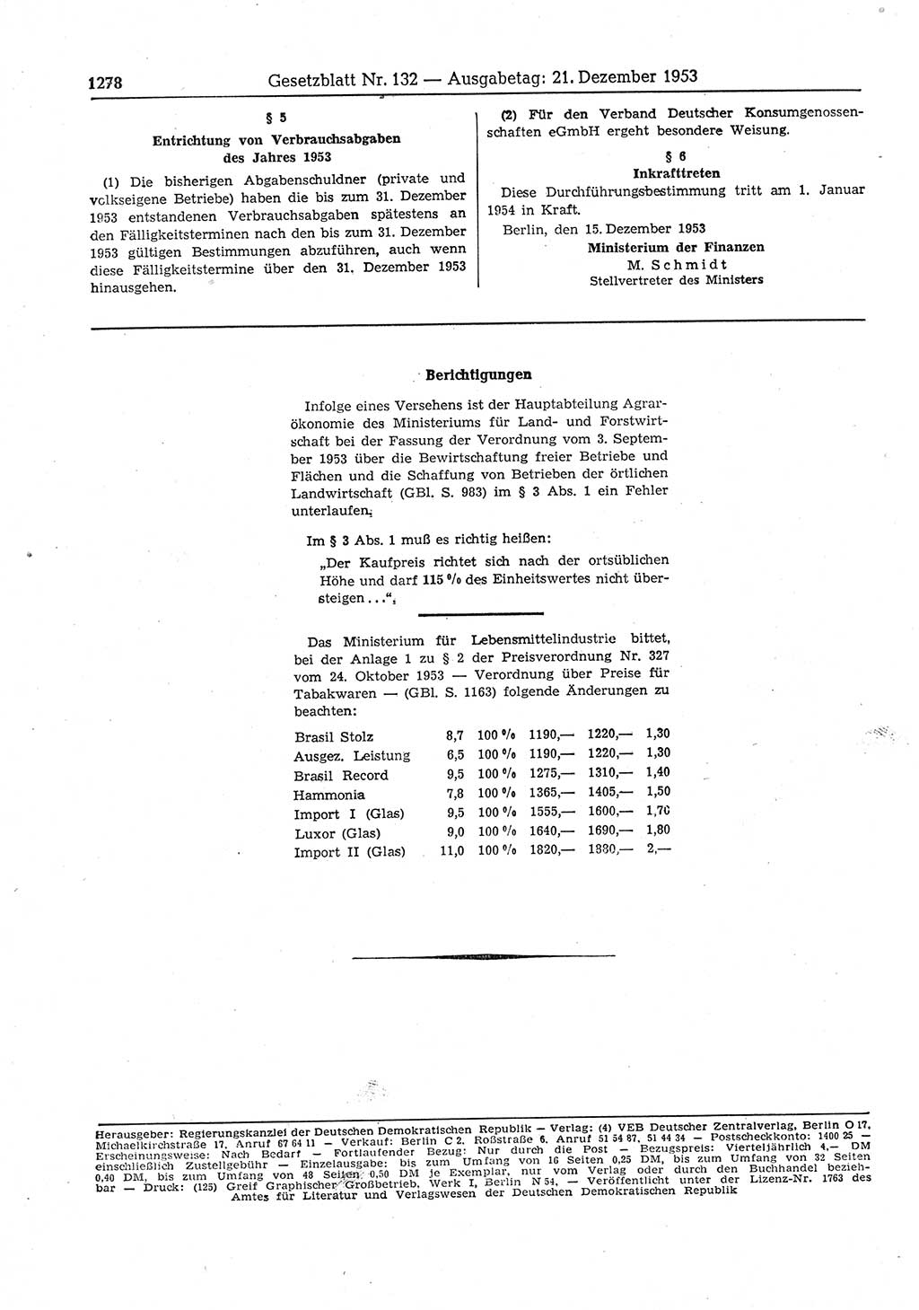 Gesetzblatt (GBl.) der Deutschen Demokratischen Republik (DDR) 1953, Seite 1278 (GBl. DDR 1953, S. 1278)